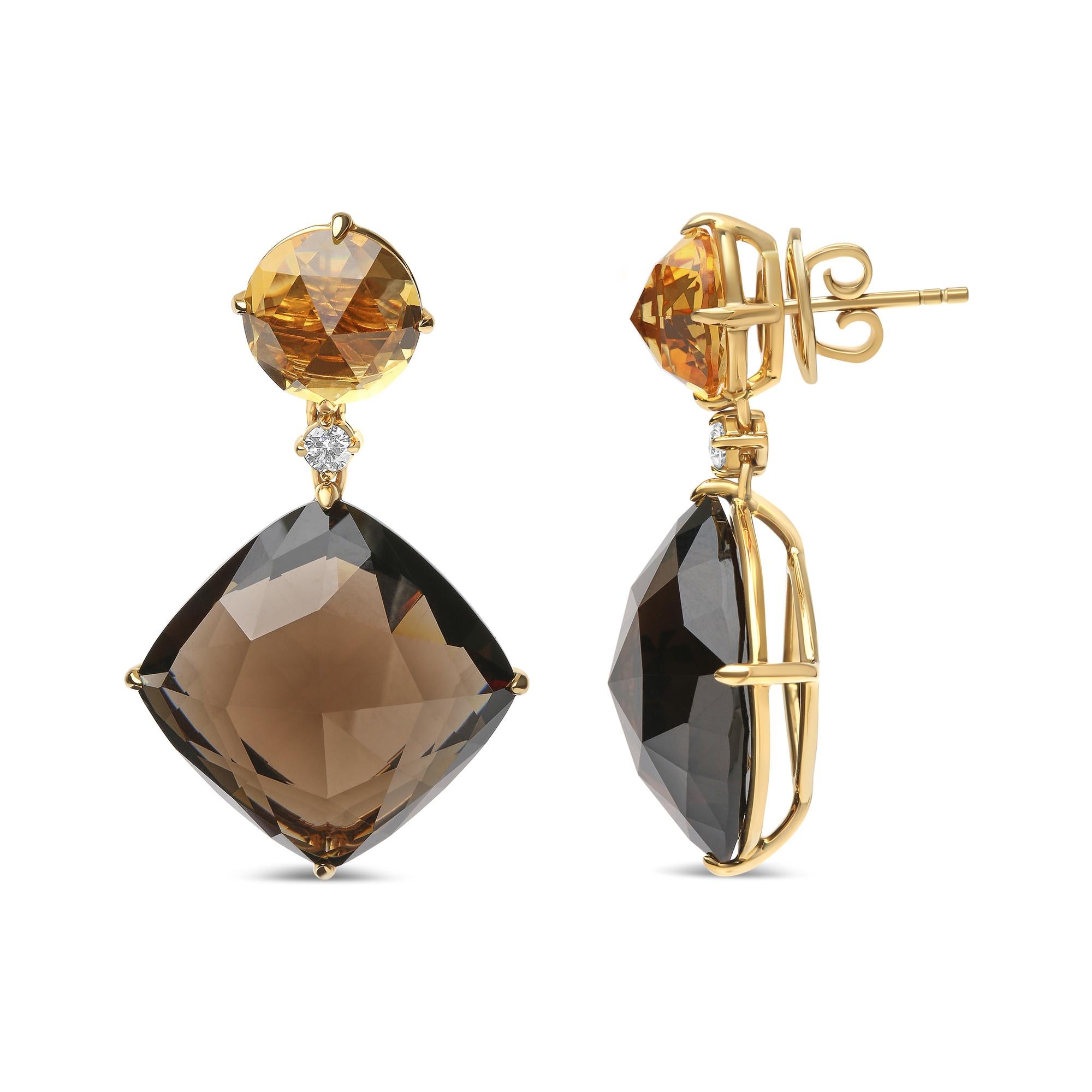 18K Yellow Gold 1/5 Cttw Diamond with Round Yellow Citrine and 25mm Cushion Cut Smoky Quartz Gemstone Dangle Earring (G-H Color, SI1-SI2 Clarity) - Friggin Jewelry