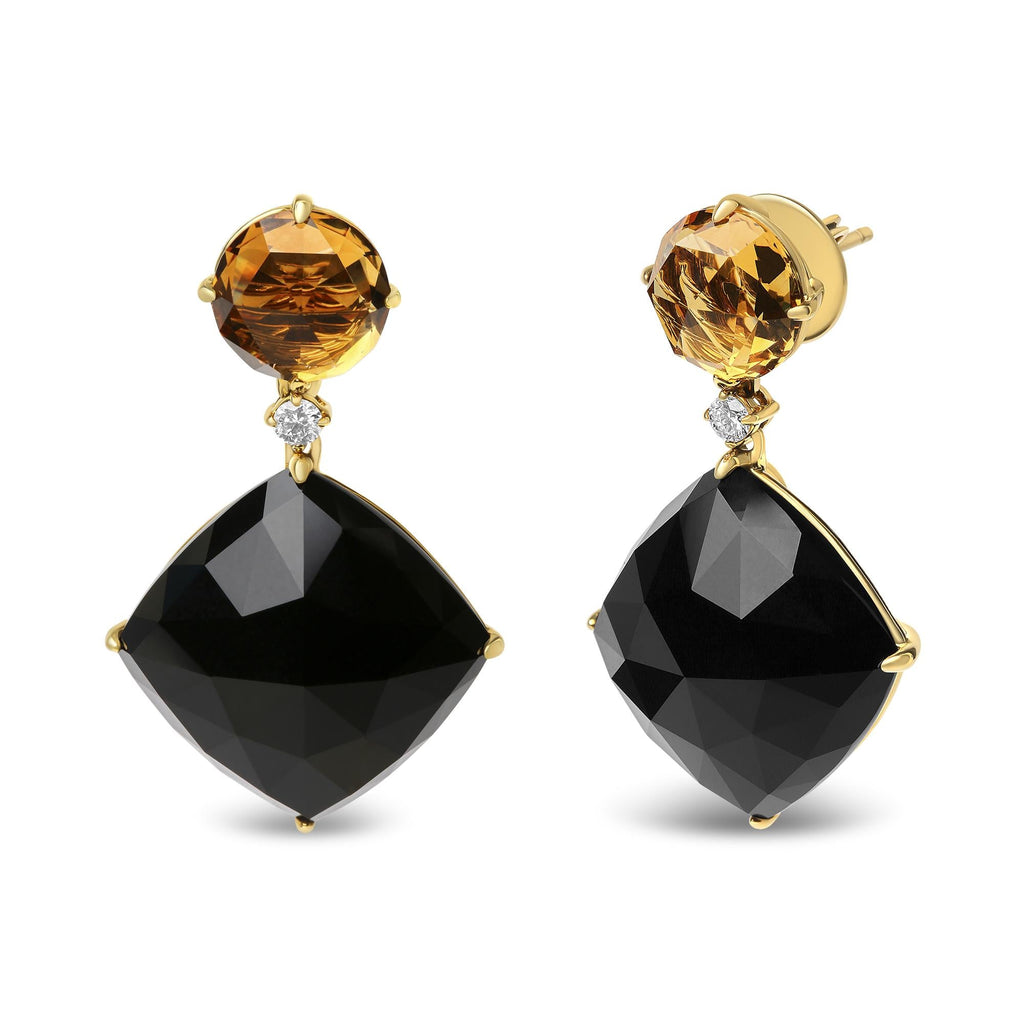 18K Yellow Gold 1/5 Cttw Diamond with Round Yellow Citrine and Cushion Cut Black Onyx Gemstone Dangle Earring (G-H Color, SI1-SI2 Clarity) - Friggin Jewelry