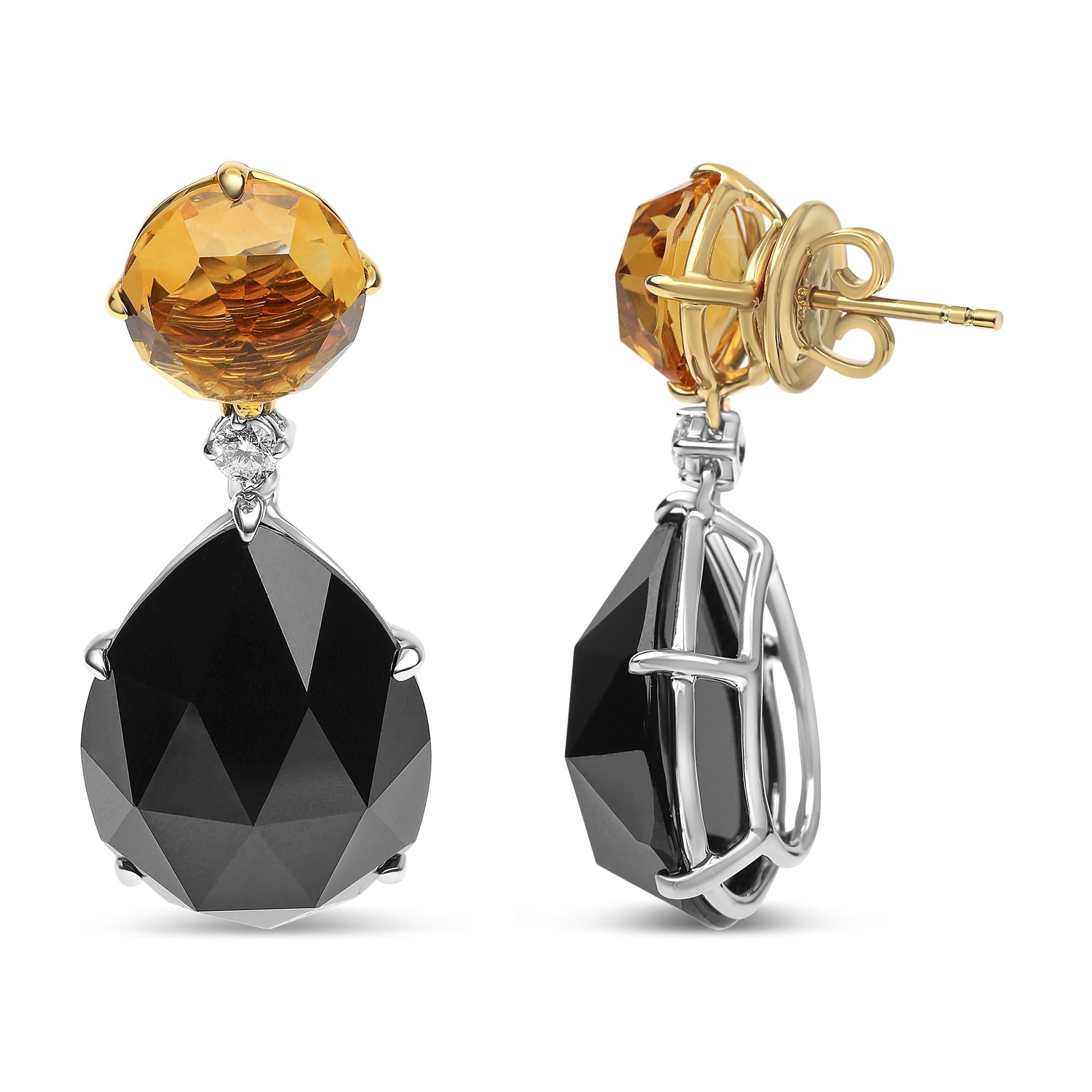 18K White and Yellow Gold 1/5 Cttw Diamond with Round Yellow Citrine and 20x15mm Pear Cut Black Onyx Gemstone Dangle Earring (G-H Color, SI1-SI2 Clarity) - Friggin Jewelry