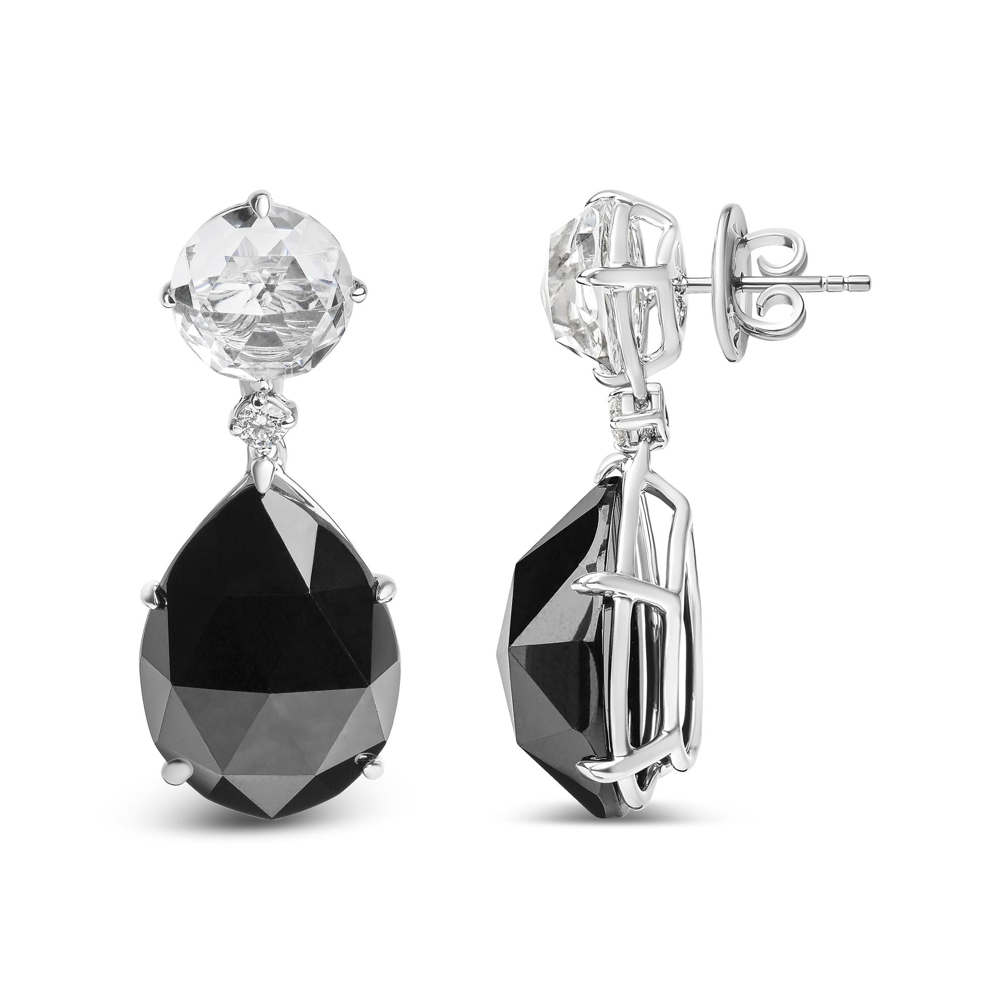 18K White Gold 1/5 Cttw Diamond with Round White Topaz and 20x15mm Pear Cut Black Onyx Gemstone Dangle Earring (G-H Color, SI1-SI2 Clarity) - Friggin Jewelry