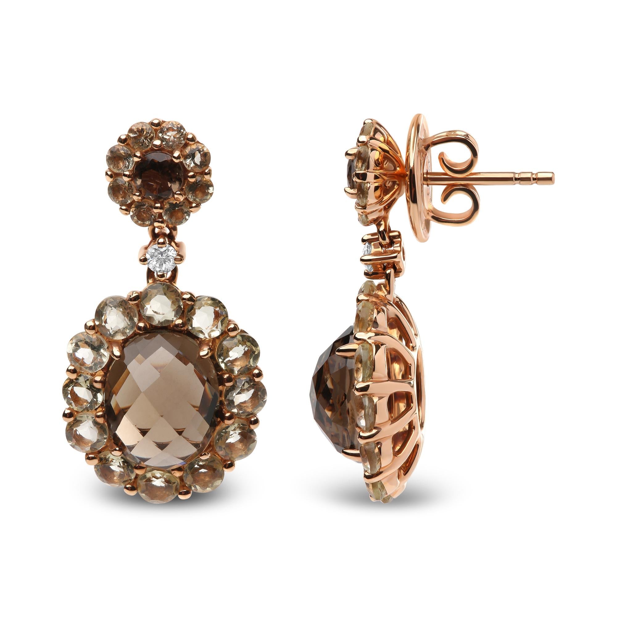 18K Rose Gold Diamond Accent and  Lemon and Oval Smoky Color Quartz Gemstone Dangle Drop Earring (G-H Color, SI1-SI2 Clarity) - Friggin Jewelry