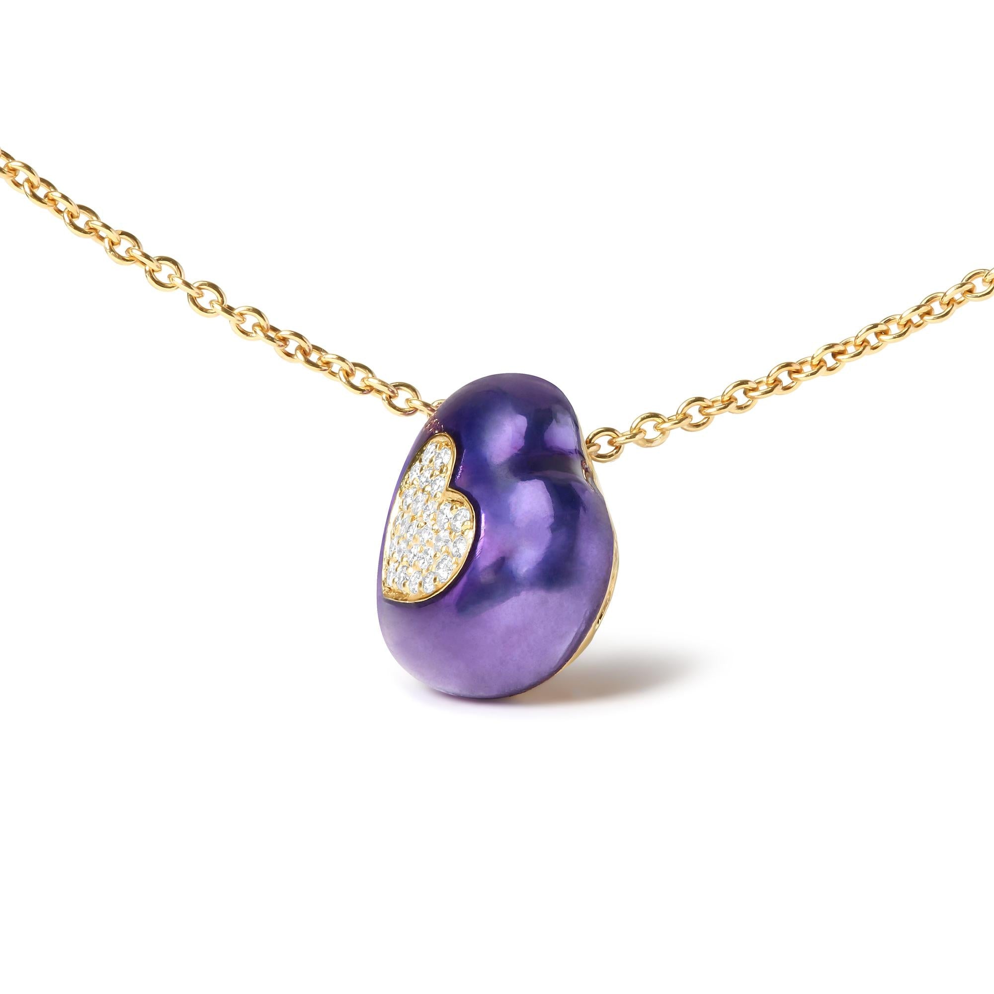 18K Yellow Gold Blue Enamel 1/10 Cttw Round Pave Diamonds Heart Shape 18" Pendant Necklace  (G-H Color, SI1-SI2 Clarity) - Adjustable up to 16" - 18" - Friggin Jewelry