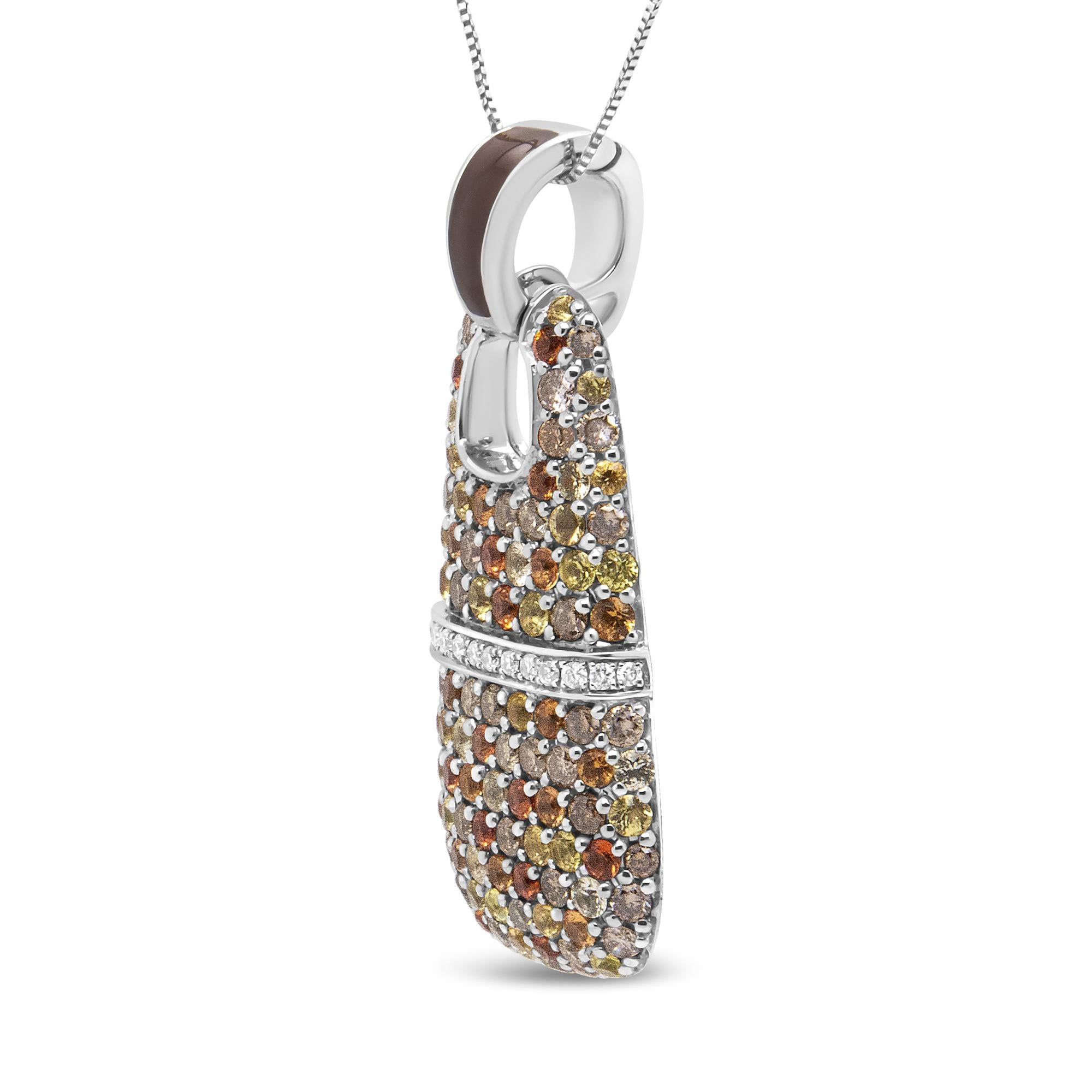.925 Sterling Silver Brown Enamel 1 Cttw White and Brown Diamonds and  1.5mm Yellow and Orange Sapphire Gemstones Statement 18" Pendant Necklace (Brown and F-G Color, VS1-VS2 Clarity) - Friggin Jewelry Premium