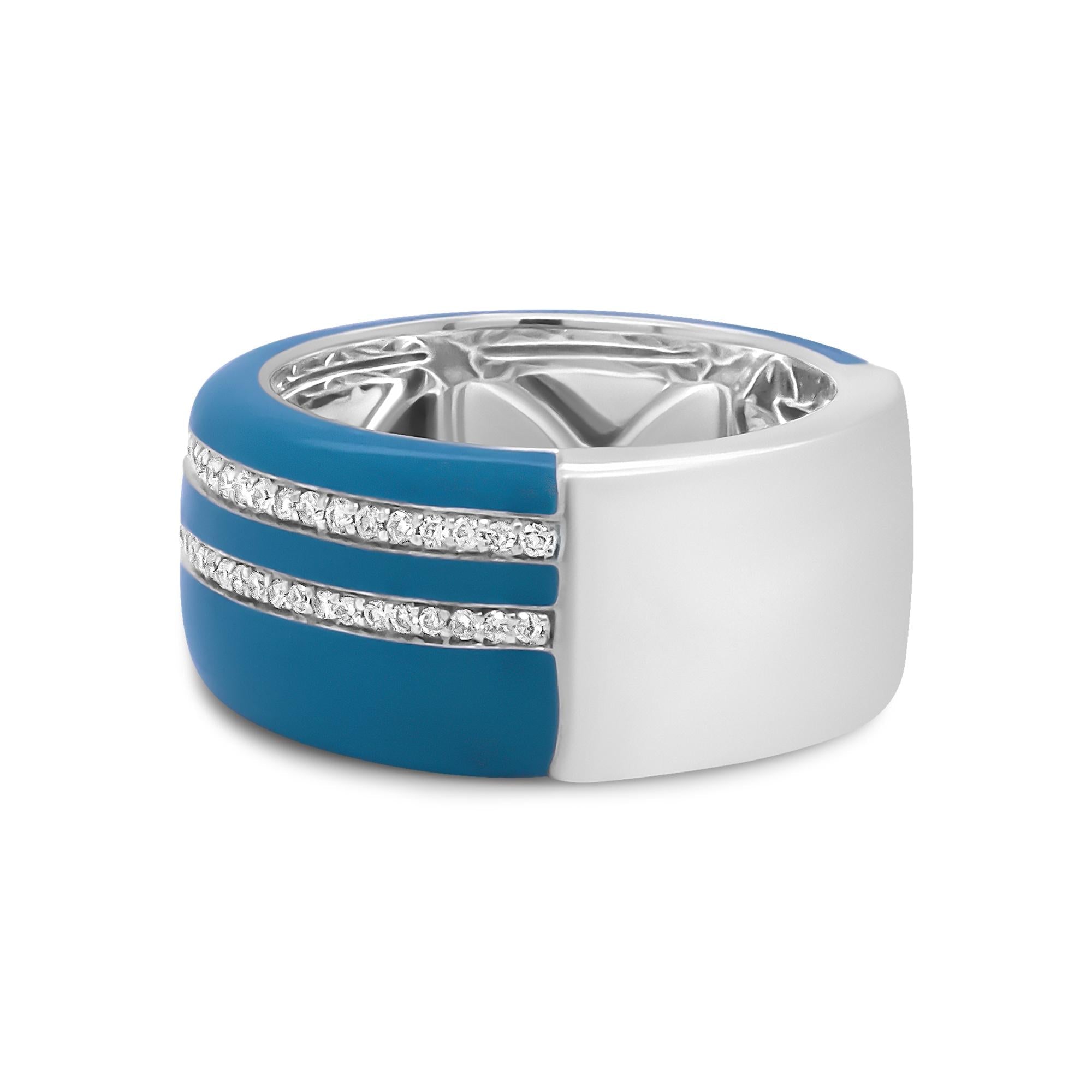 Anello a fascia larga con diamanti rotondi da 5/8 ct, smalto turchese in argento sterling 925 (colore FG, purezza VS1-VS2) - Friggin Jewelry
