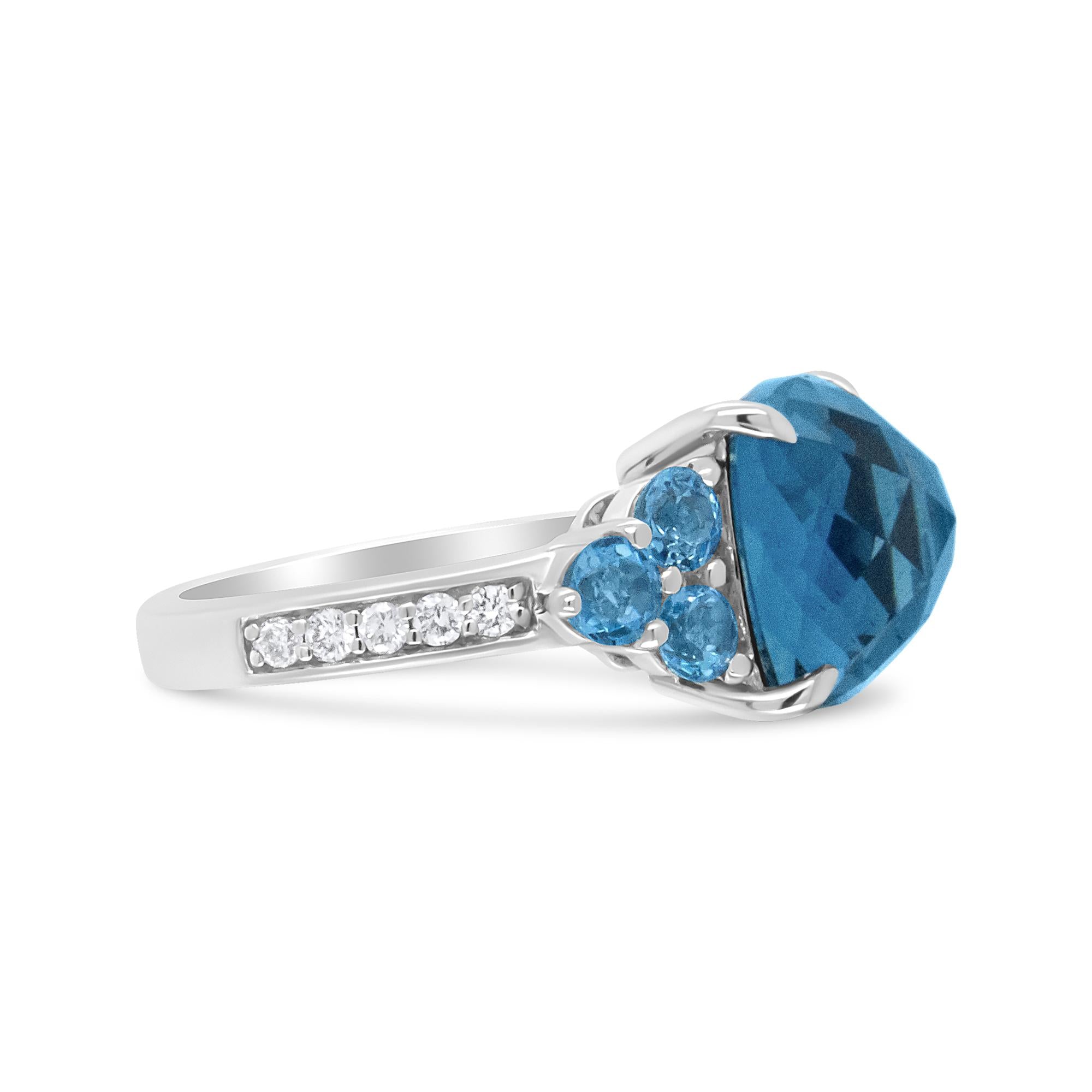 18K White Gold 10mm Cushion Shaped Blue Topaz and 1/6 Cttw Diamond 3 Stone Style Ring (F-G Color, VS1-VS2 Clarity) - Friggin Jewelry