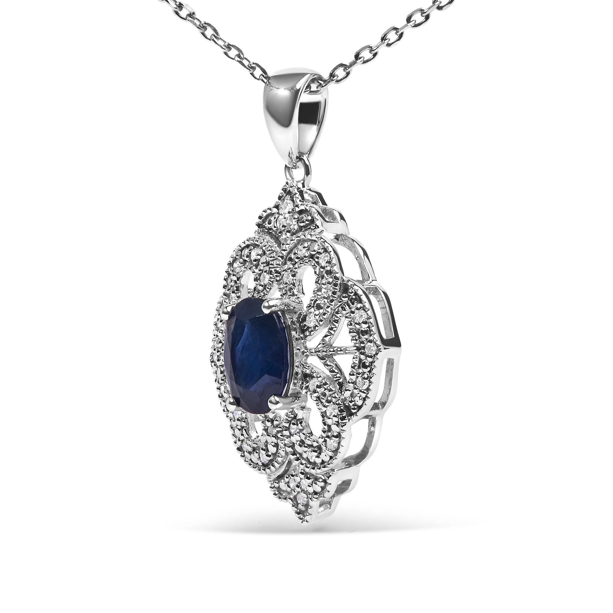 Collana con ciondolo a forma di scudo in stile Art Déco da 18" in argento sterling 925, ovale, 7x5 mm, con zaffiro blu e diamanti (colore IJ, purezza I3) - Friggin Jewelry