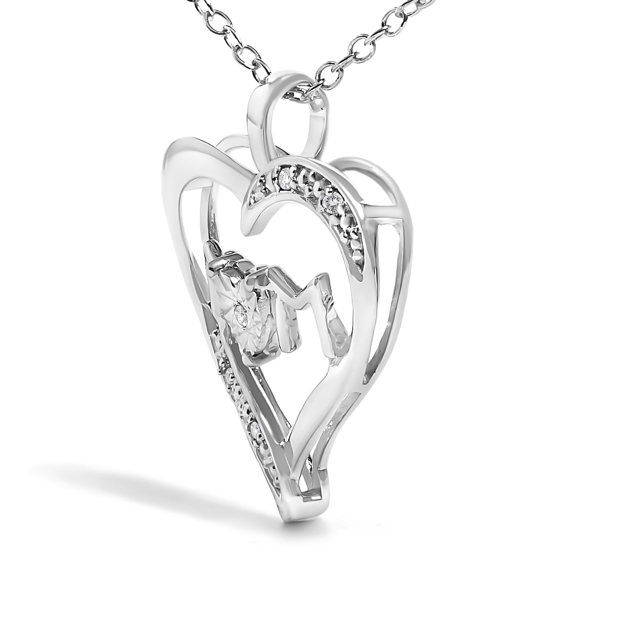 .925 Sterling Silver Diamond Accent MOM with Heart Pendant Necklace (J-K Color, I2-I3 Clarity) - 18" Inches - Mom - Friggin Jewelry