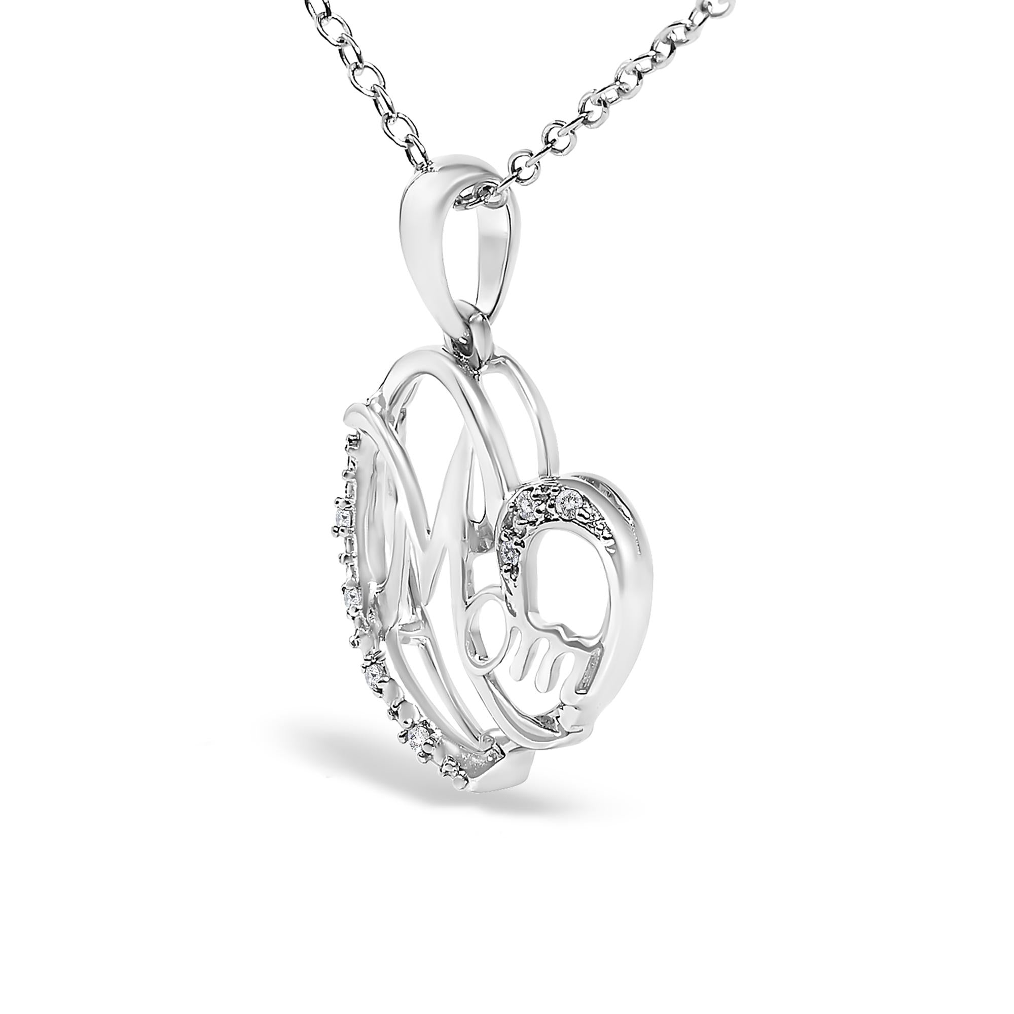 .925 Sterling Silver Cursive Mom Heart Diamond Accent Pendant Necklace (J-K Color, I2-I3 Clarity) - 18" Inches - Mom - Friggin Jewelry