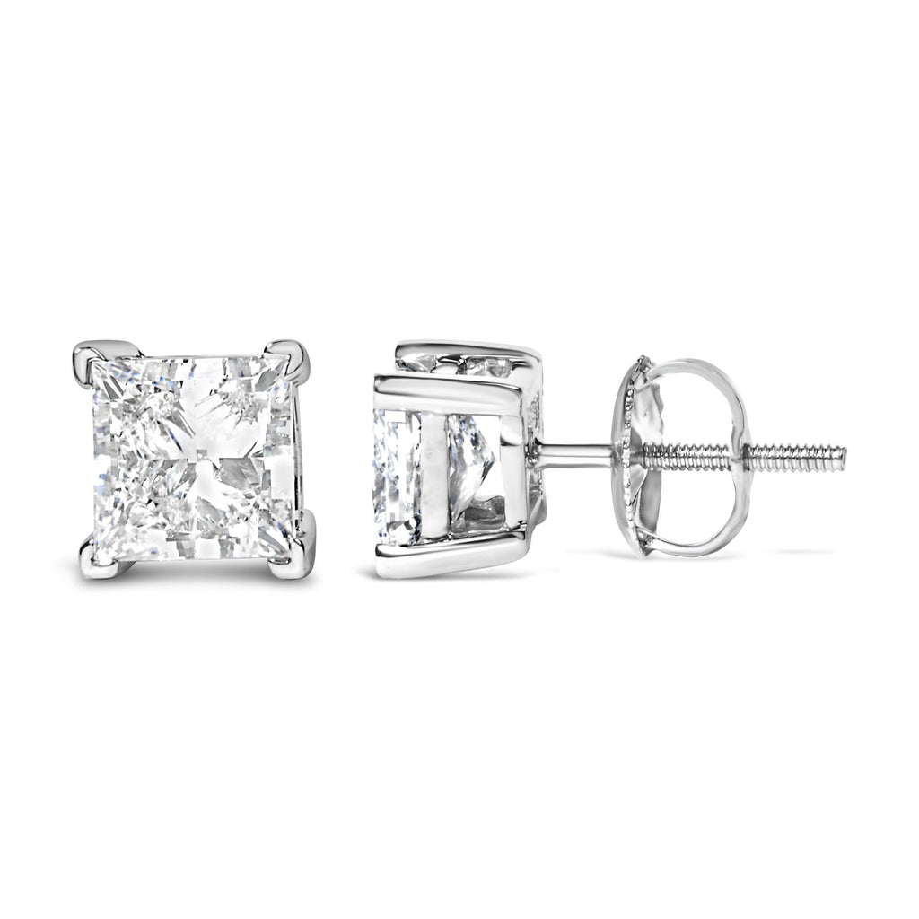 Aretes solitarios de oro blanco de 14 quilates con diamantes cultivados en laboratorio de talla princesa (color FG, claridad VS2-SI1) - Friggin Jewelry