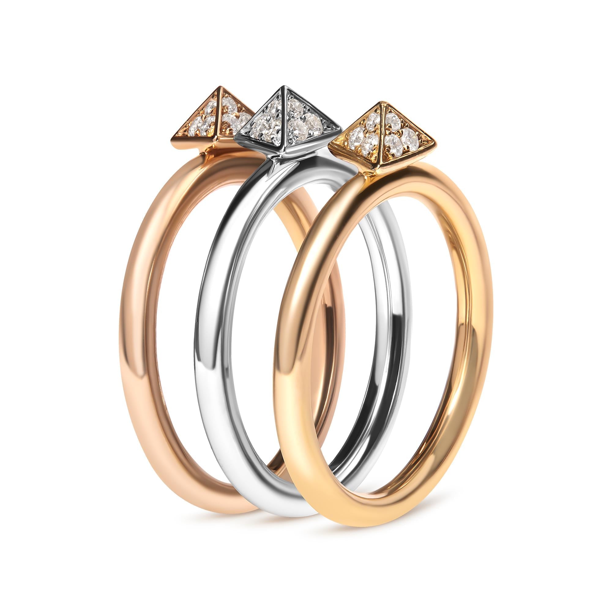 14K Tri Color Gold 1/3 Cttw Diamond Pyramid Stackable Band Ring Set (G-H Color, SI1-SI2 Clarity) - Size 7 - Friggin Jewelry