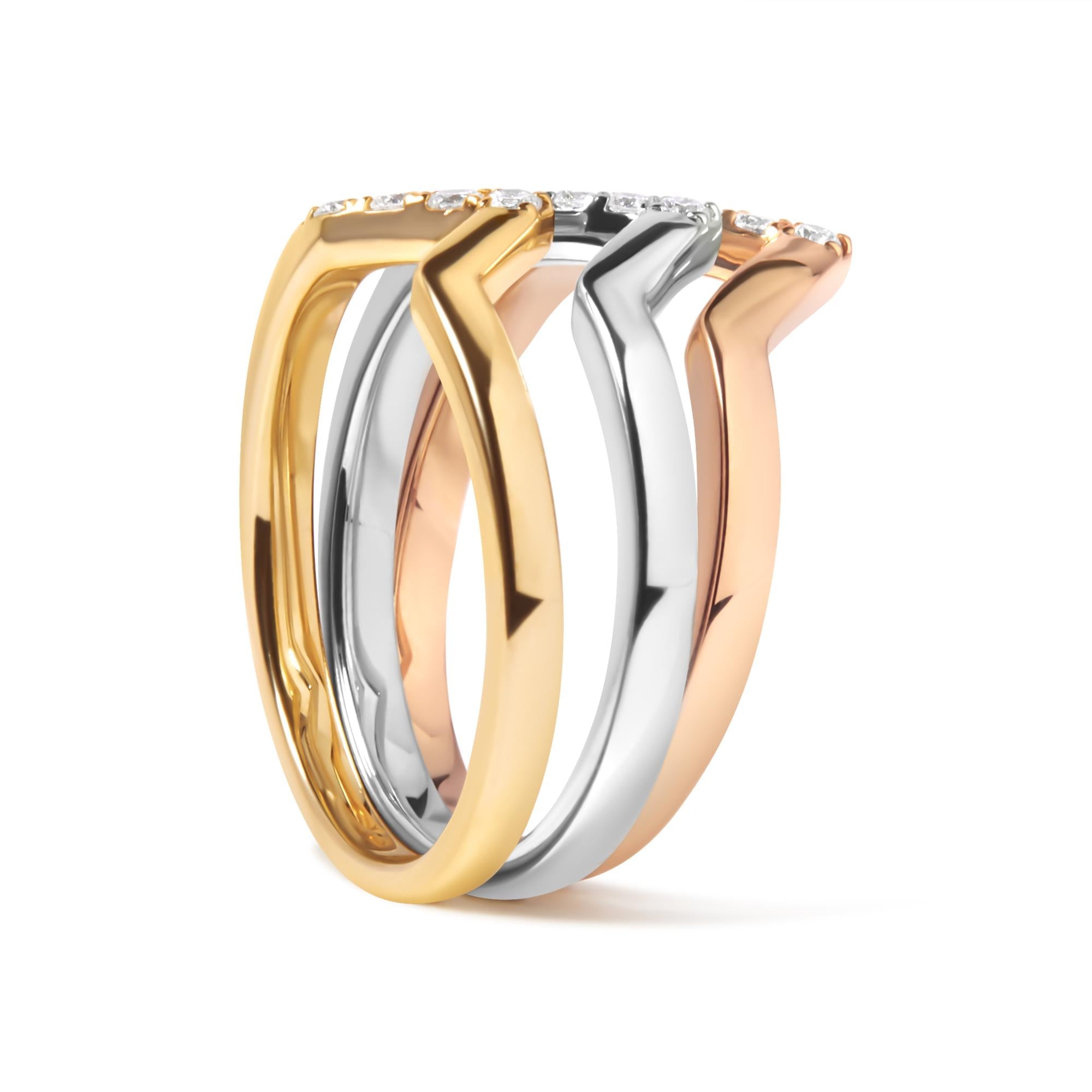 14K Gold 1/4 Cttw Diamond Geometrical Chevron V Stackable Band Ring Set (G-H Color, SI1-SI2 Clarity) - Size 7 - Friggin Jewelry