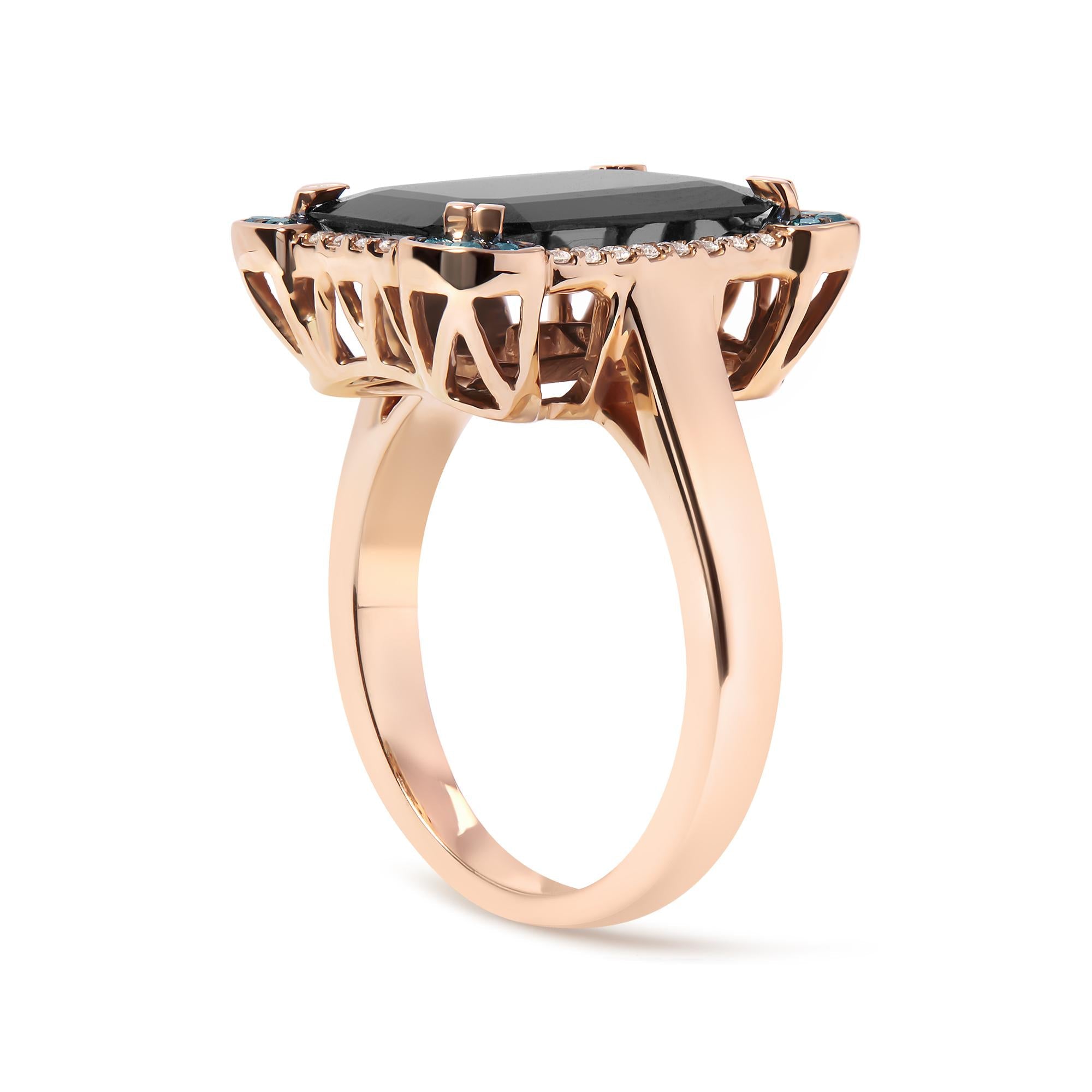 14K Rose Gold 15x10 MM Emerald-Cut Black Onyx and 1/5 Cttw Blue and White Diamond Halo Cocktail Ring (G-H Color, SI1-SI2 Clarity)- Size 7 - Friggin Jewelry
