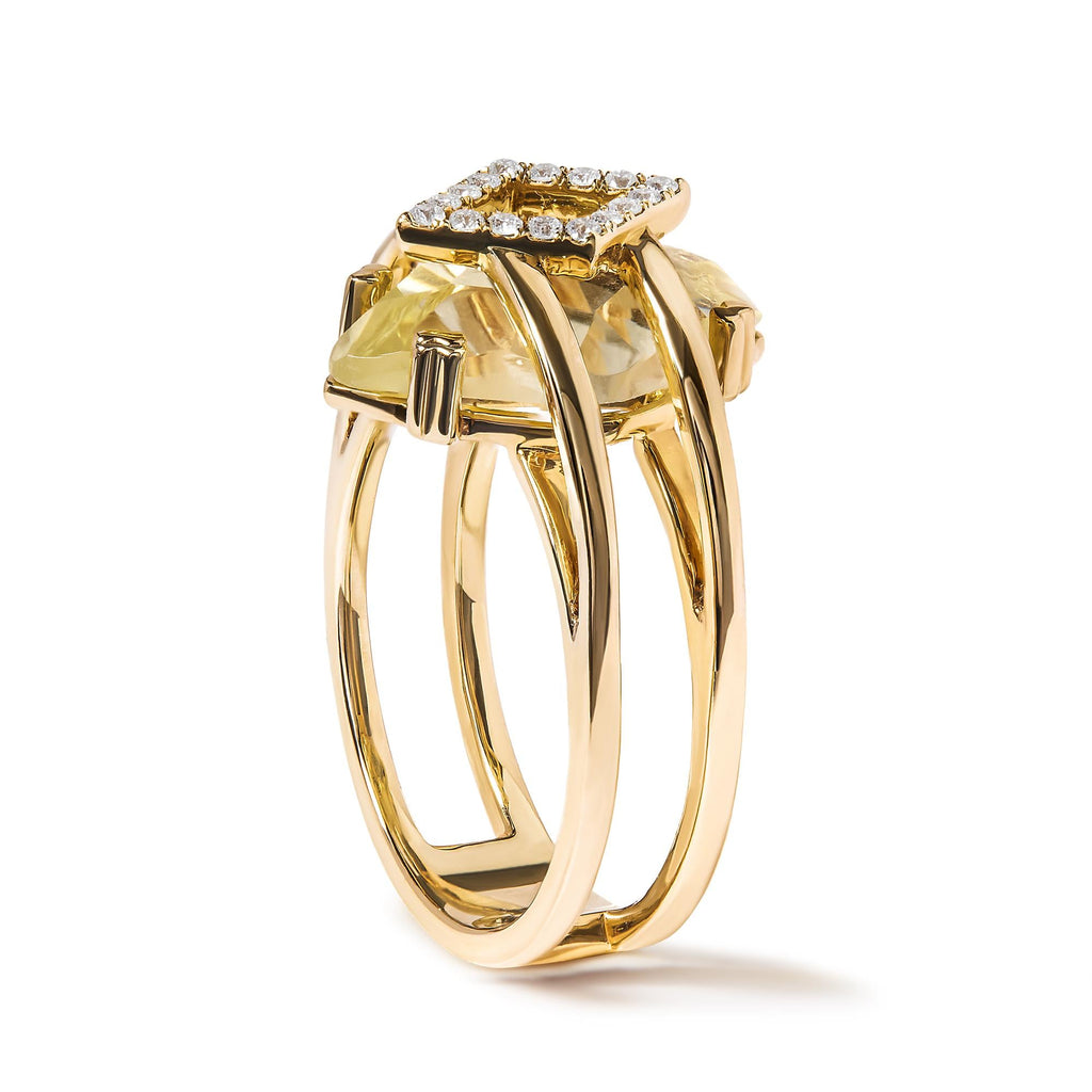 Anillo de cóctel llamativo en oro amarillo de 14 quilates de 15 x 15 mm con topacio amarillo de talla marquesa y detalles de diamantes (color GH, claridad SI1-SI2) - Friggin Jewelry