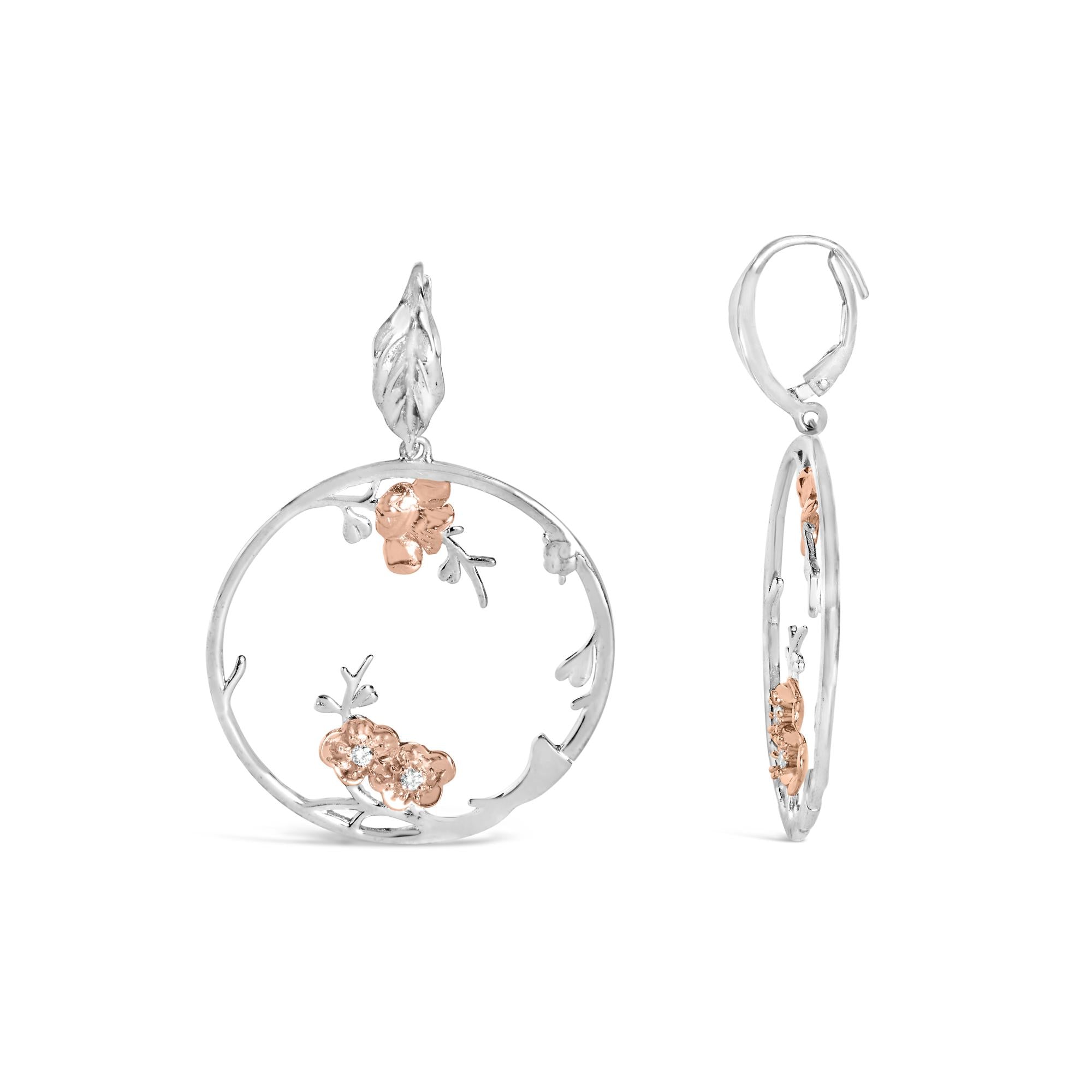Rose Gold Plated .925 Sterling Silver 1/10 Cttw Diamond Floral Hoop Earrings (I-J Color, SI1-SI2 Clarity) - Friggin Jewelry