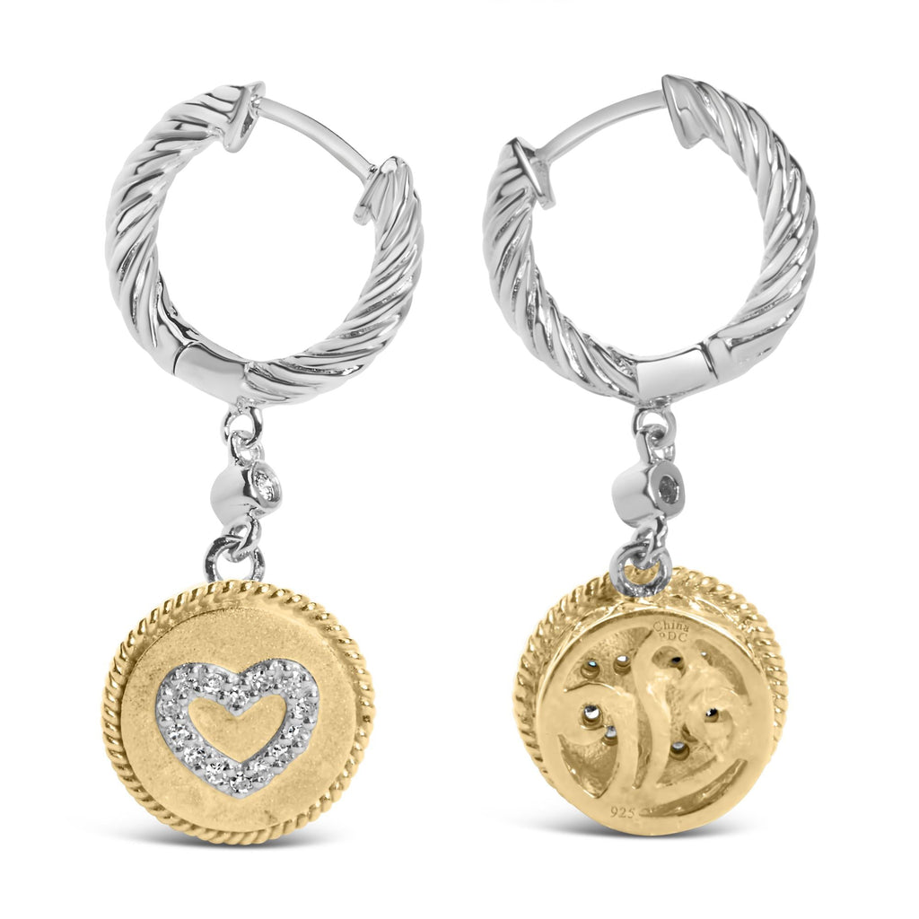 18K Yellow Gold Plated .925 Sterling Silver 1/8 Cttw Diamond Heart Medallion Drop and Dangle Earring (I-J Color, SI1-SI2 Clarity) - Friggin Jewelry