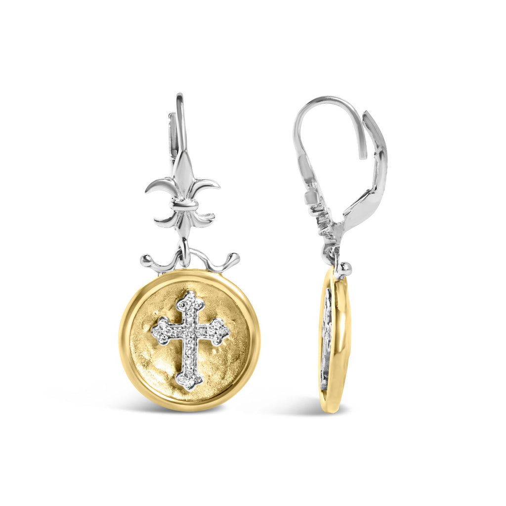 18K Yellow Gold Plated .925 Sterling Silver 1/8 Cttw Diamond Hammered Finished Medallion with Cross Drop and Dangle Earrings (I-J Color, SI1-SI2 Clarity) - Friggin Jewelry