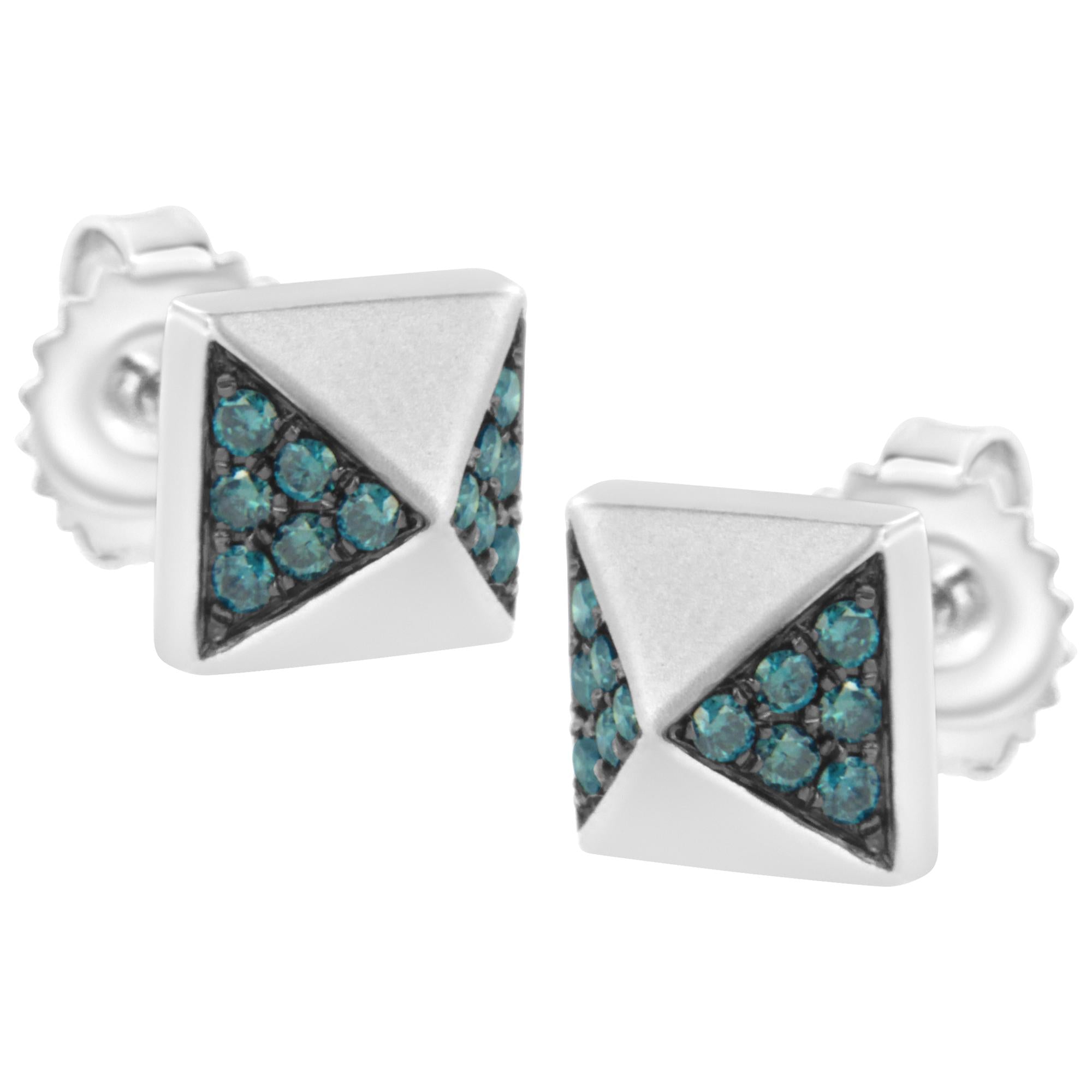 14K White Gold 1/4 Cttw Treated Blue Diamond Pyramid Stud Earring (Blue Color, SI1-SI2 Clarity) - Friggin Jewelry