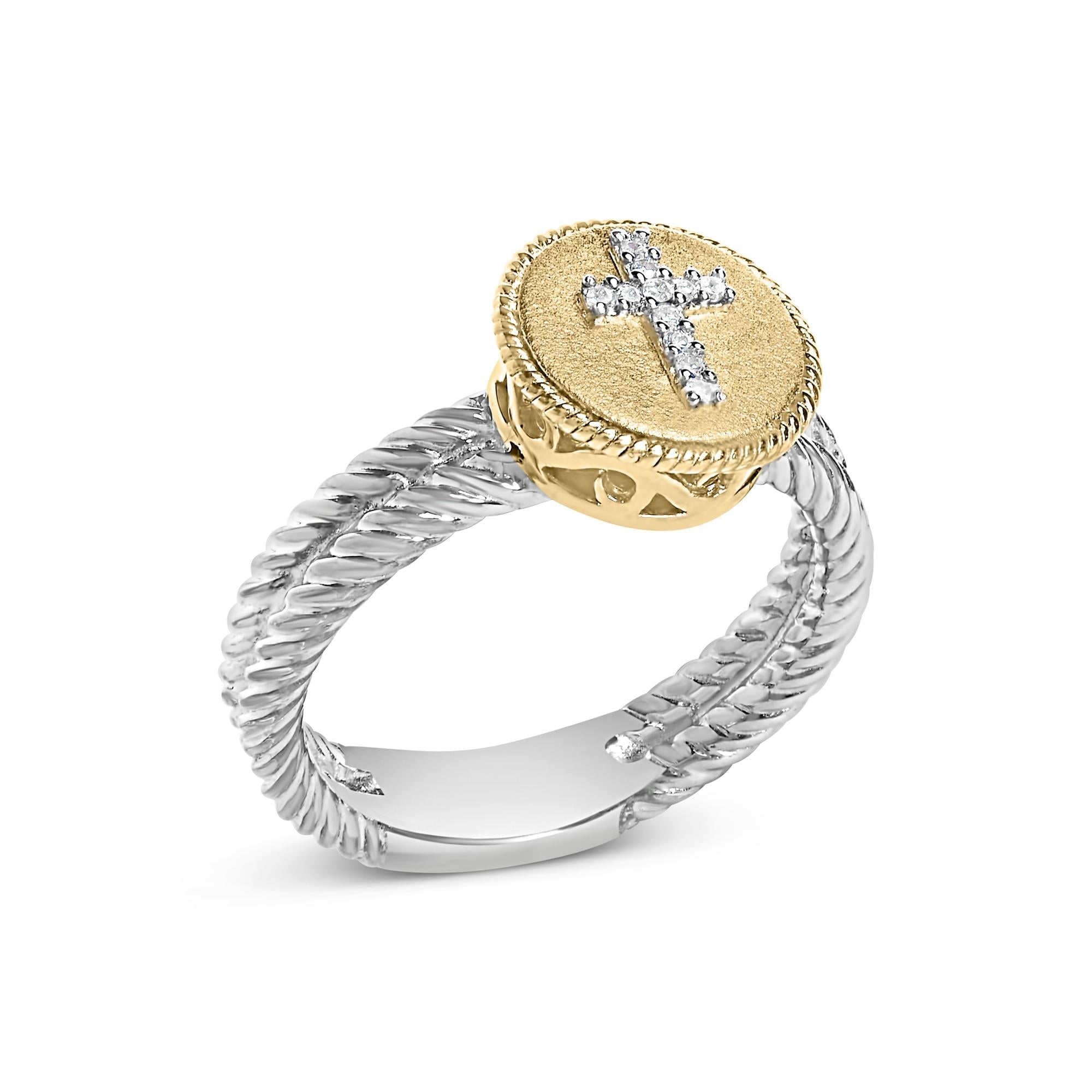 18K Yellow Gold Plated .925 Sterling Silver Diamond Cross Ring with Satin Finish (I-J Color, SI1-SI2 Clarity) - Friggin Jewelry