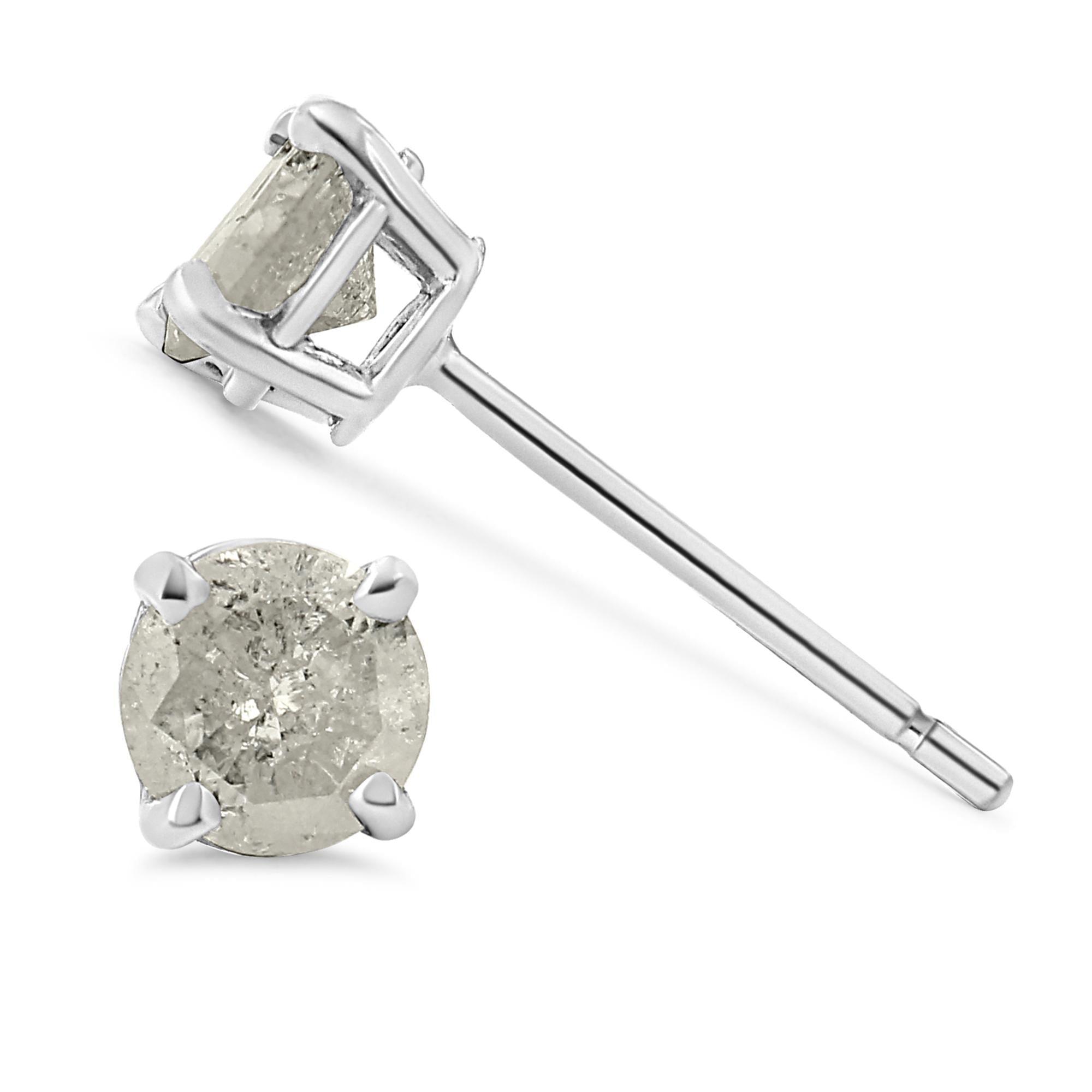 Aretes clásicos de plata de ley 925 con diamantes de talla redonda "sal y pimienta" de 4 puntas (color IJ, claridad I3) - Friggin Jewelry