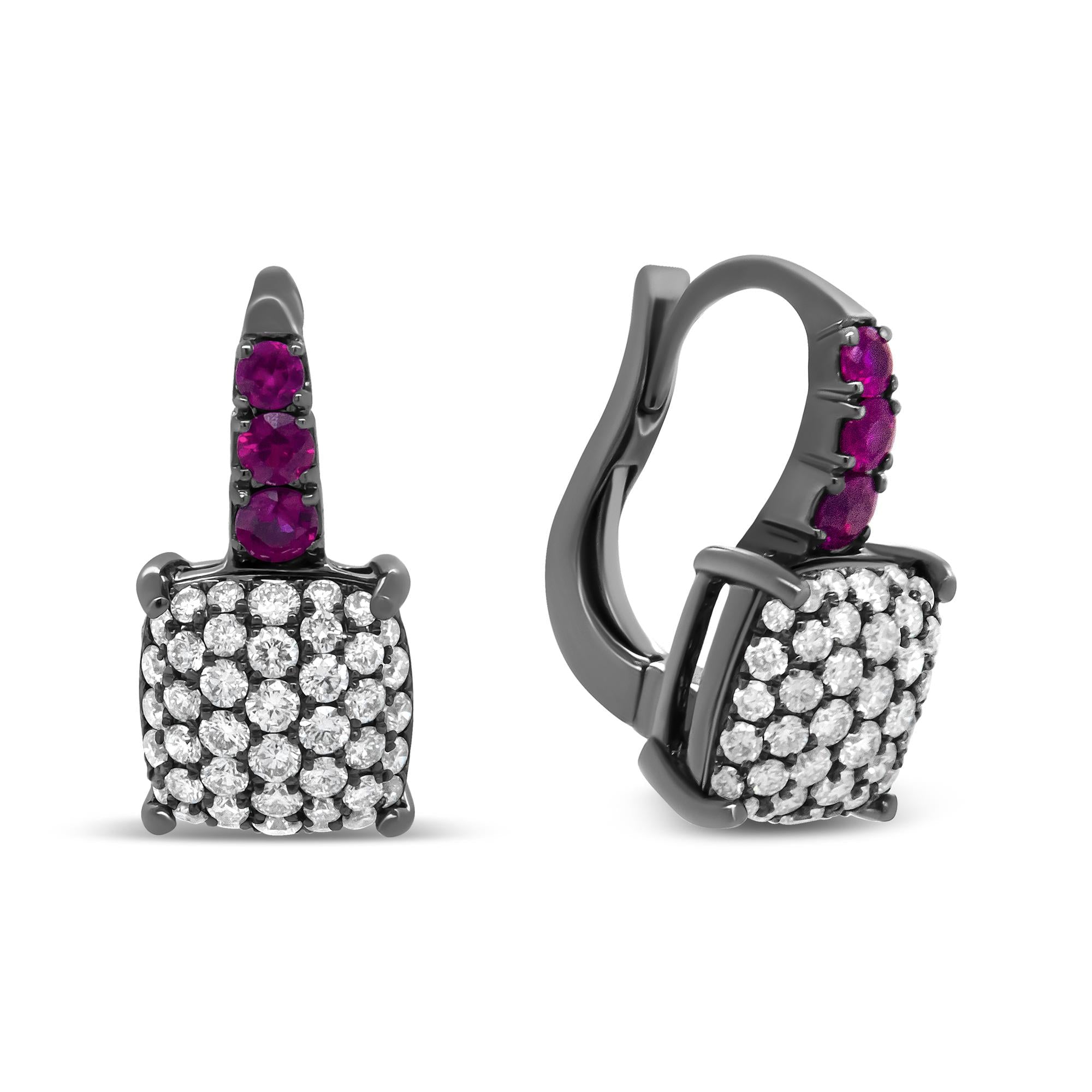 Black Rhodium Plated 18K White Gold 7/8 Cttw Round Diamond and Graduated Red Ruby Drop Earrings (F-G Color, VS1-VS2 Clarity) - Friggin Jewelry