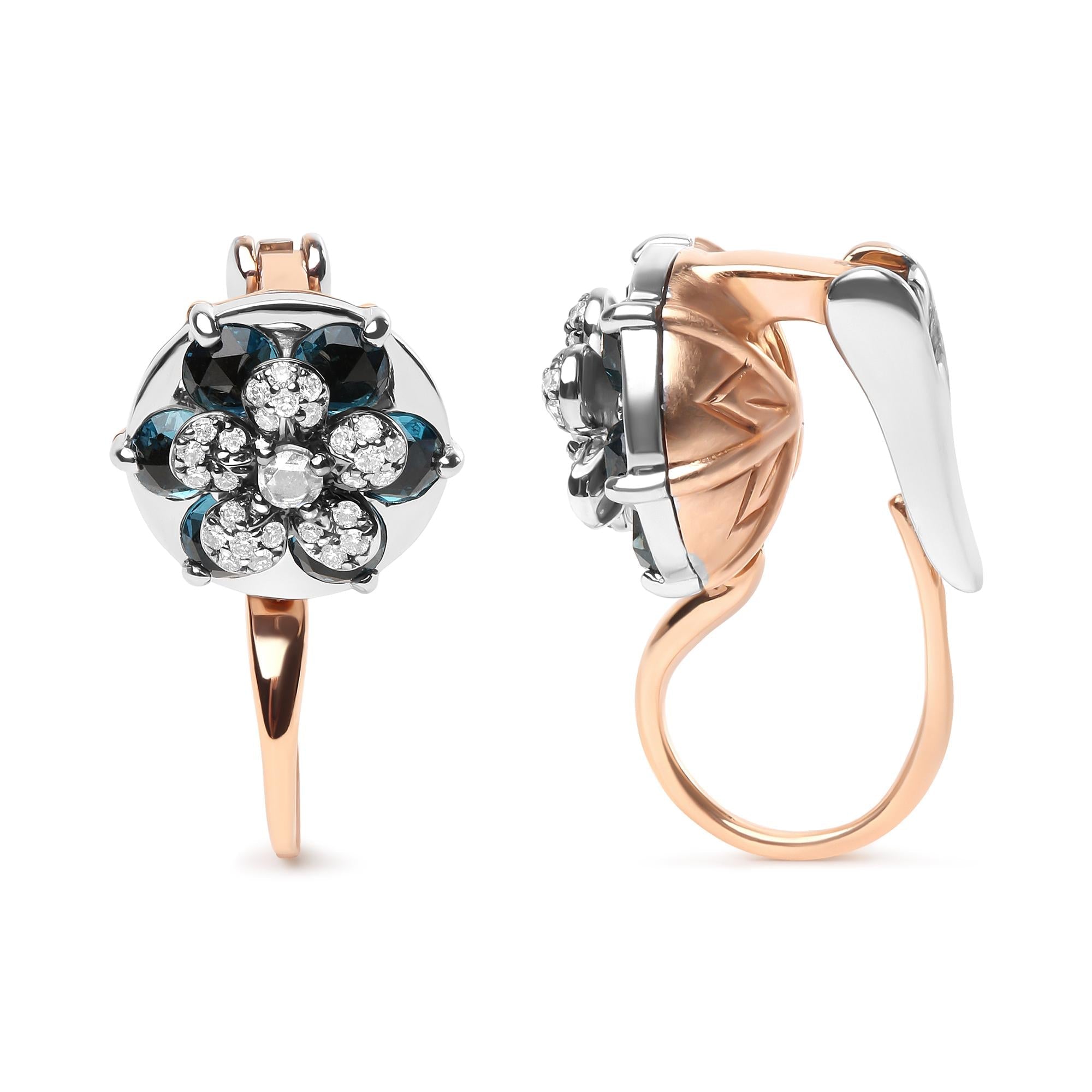 18K Rose and White Gold 1/3 Cttw Round Diamonds and Round London Blue Topaz Gemstone Cluster Floral Drop Hoop Earrings (G-H Color, SI1-SI2 Clarity) - Friggin Jewelry