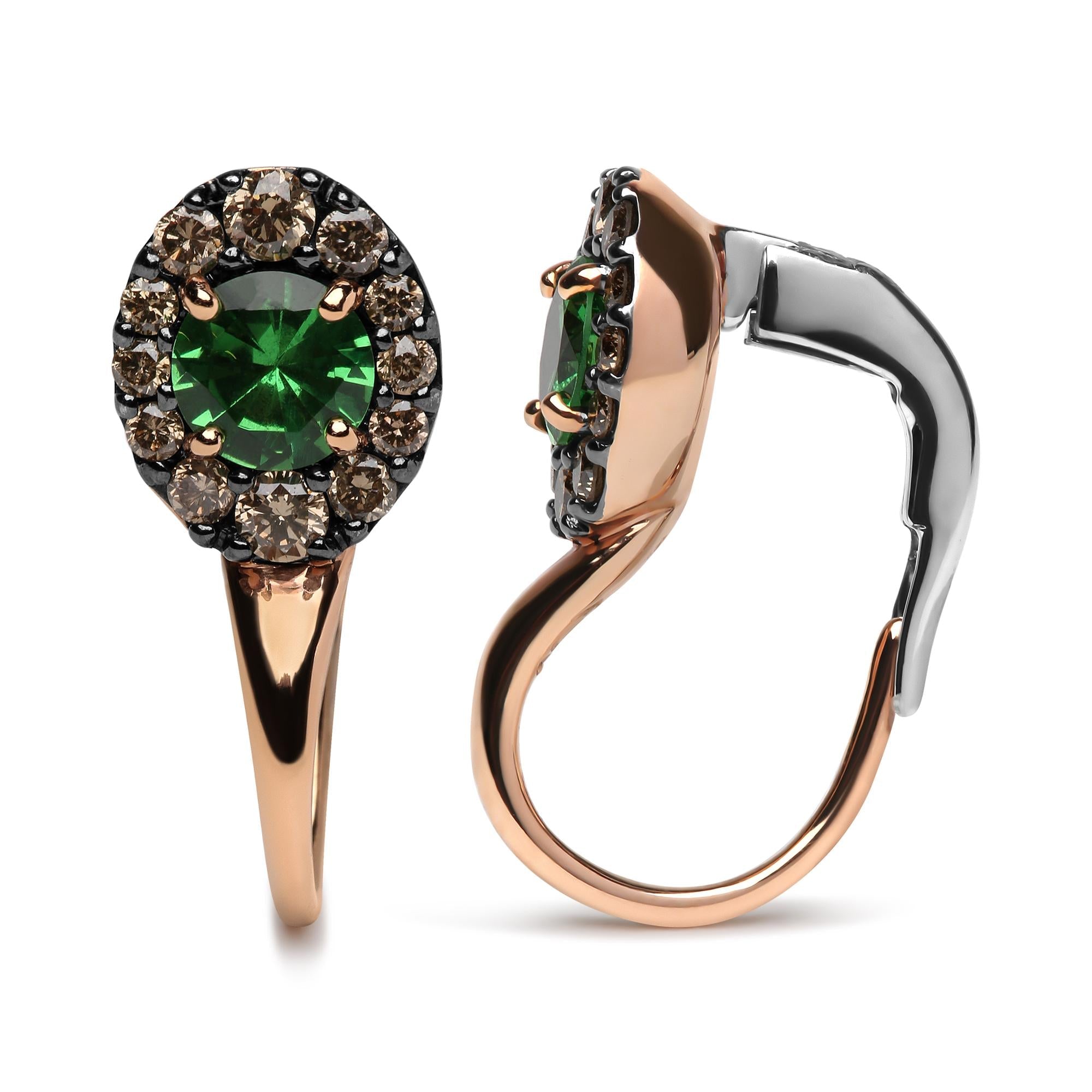 18K Rose and White Gold 3/8 Cttw Round Brown Diamonds and Round Green Tsavorite Gemstone Halo Drop Hoop Earrings (Brown Color, SI1-SI2 Clarity) - Friggin Jewelry