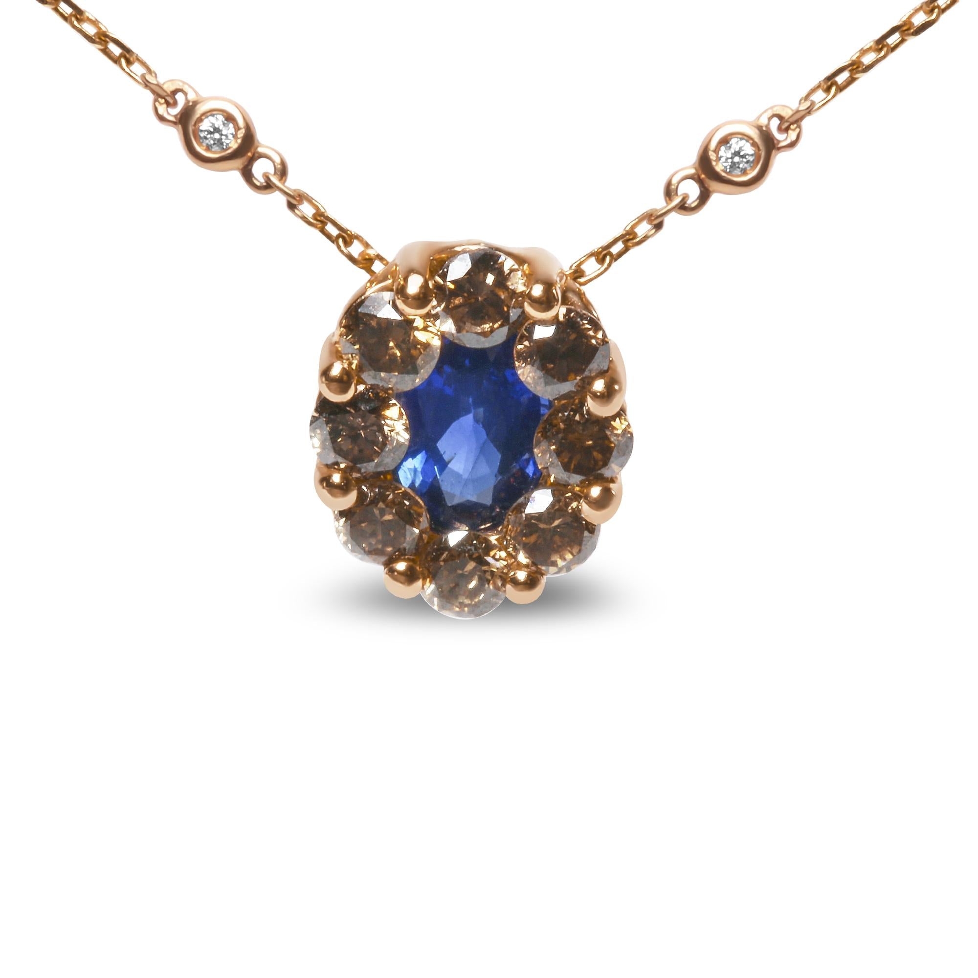 18K Rose Gold 5/8 Cttw White and Brown Diamond Accent and 7 x 4mm Oval Blue Sapphire Gemstone Statement Halo Cluster Pendant Necklace (Brown and G-H Color, - Friggin Jewelry SI1-SI2 Clarity) - Adjustable up to 16" - 18"