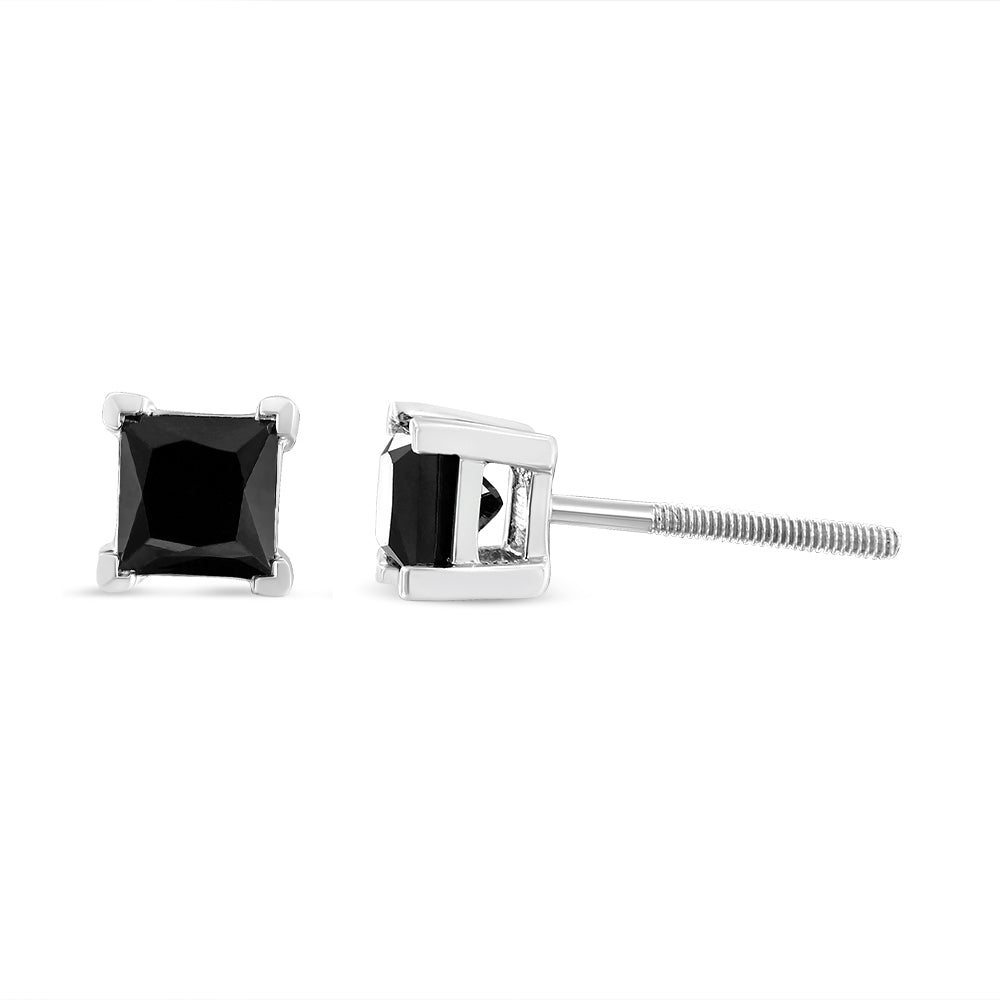 14K White Gold Princess-Cut Treated Black Diamond Classic 4-Prong Stud Earrings - Friggin Jewelry