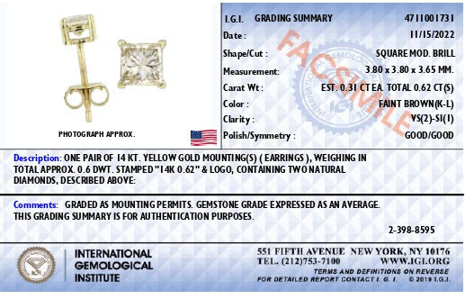 Orecchini a perno a 4 punte in oro giallo 14 carati con diamanti naturali taglio princess da 5/8 ct (colore marrone, purezza VS2-SI1) - Friggin Jewelry