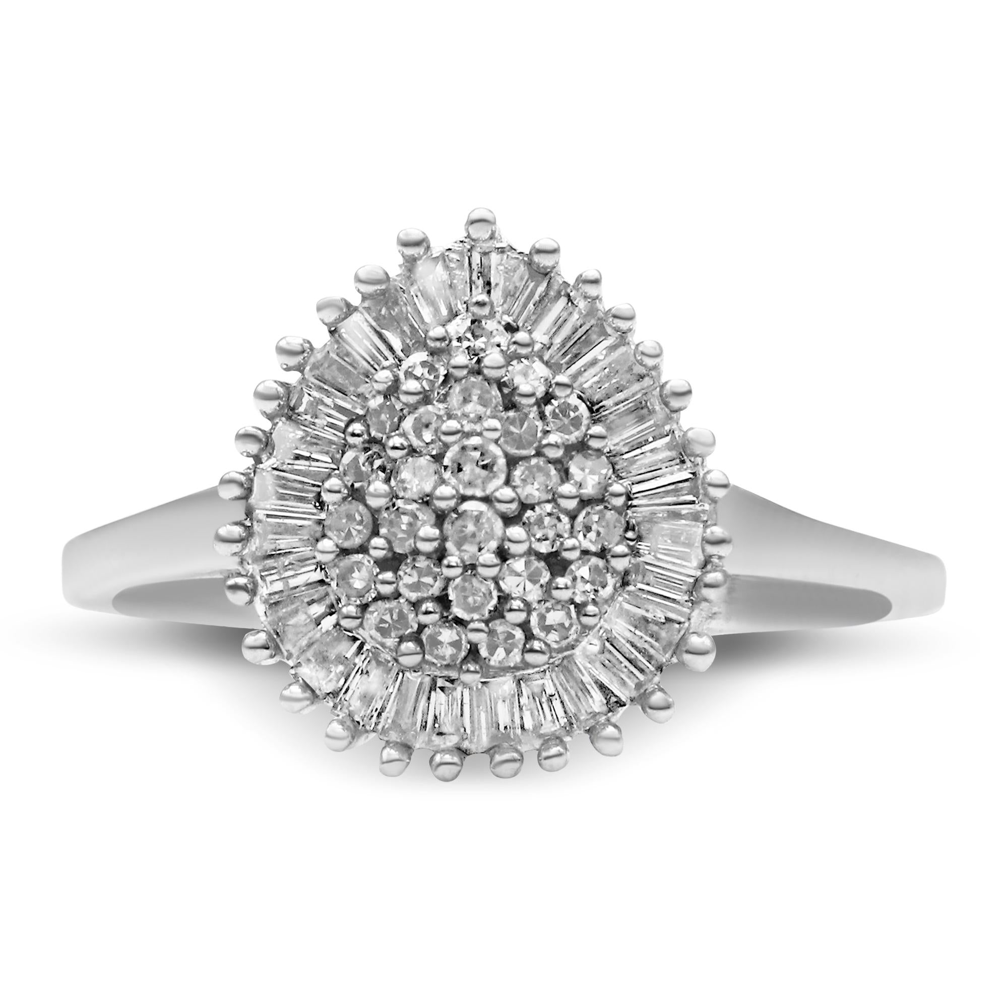 10K White Gold 1/2 Cttw Round & Baguette Cut Diamond Pear Shaped Domed Pavé Cluster with Halo Cocktail Ring (H-I Color, SI1-SI2 Clarity) - Friggin Jewelry