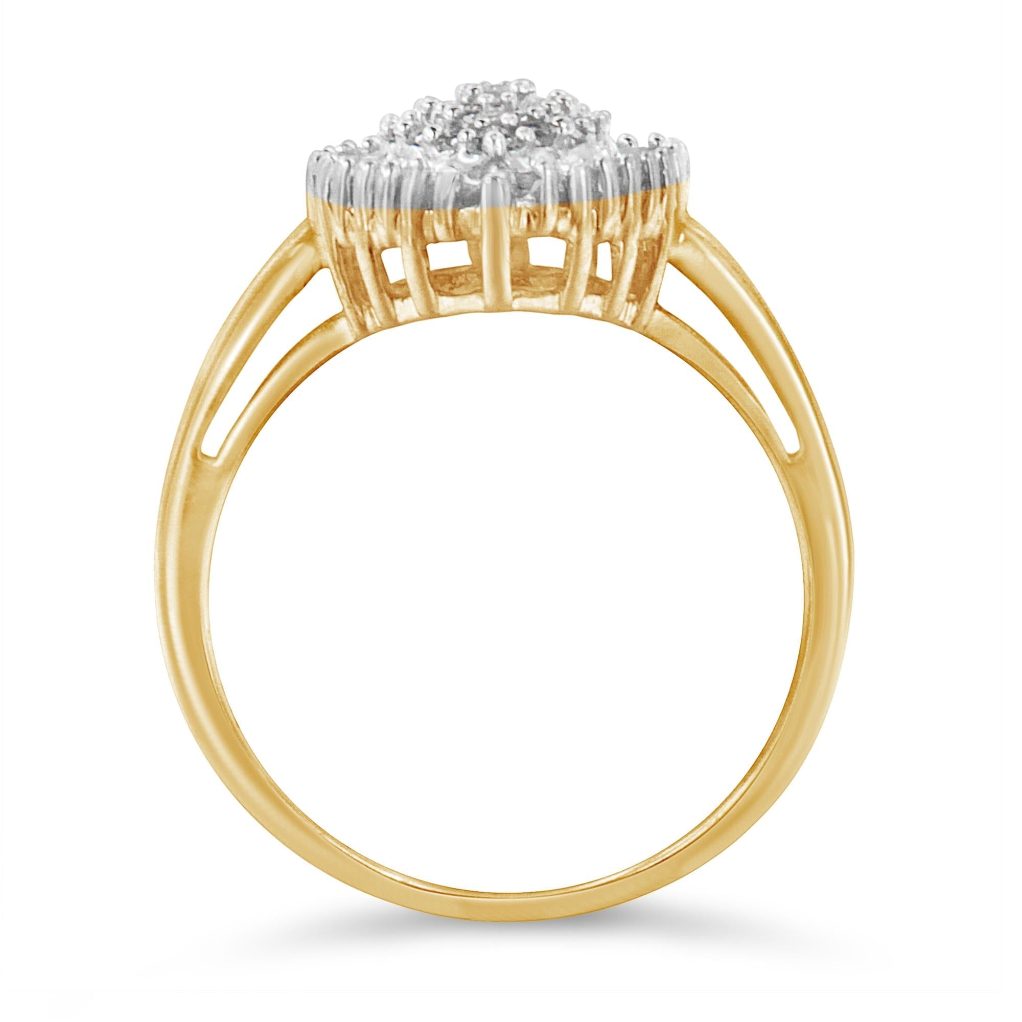 10K Yellow Gold 1/2 Cttw Round & Baguette Cut Diamond Pear Shaped Domed Pavé Cluster with Halo Cocktail Ring (J-K Color, I1-I2 Clarity) - Friggin Jewelry