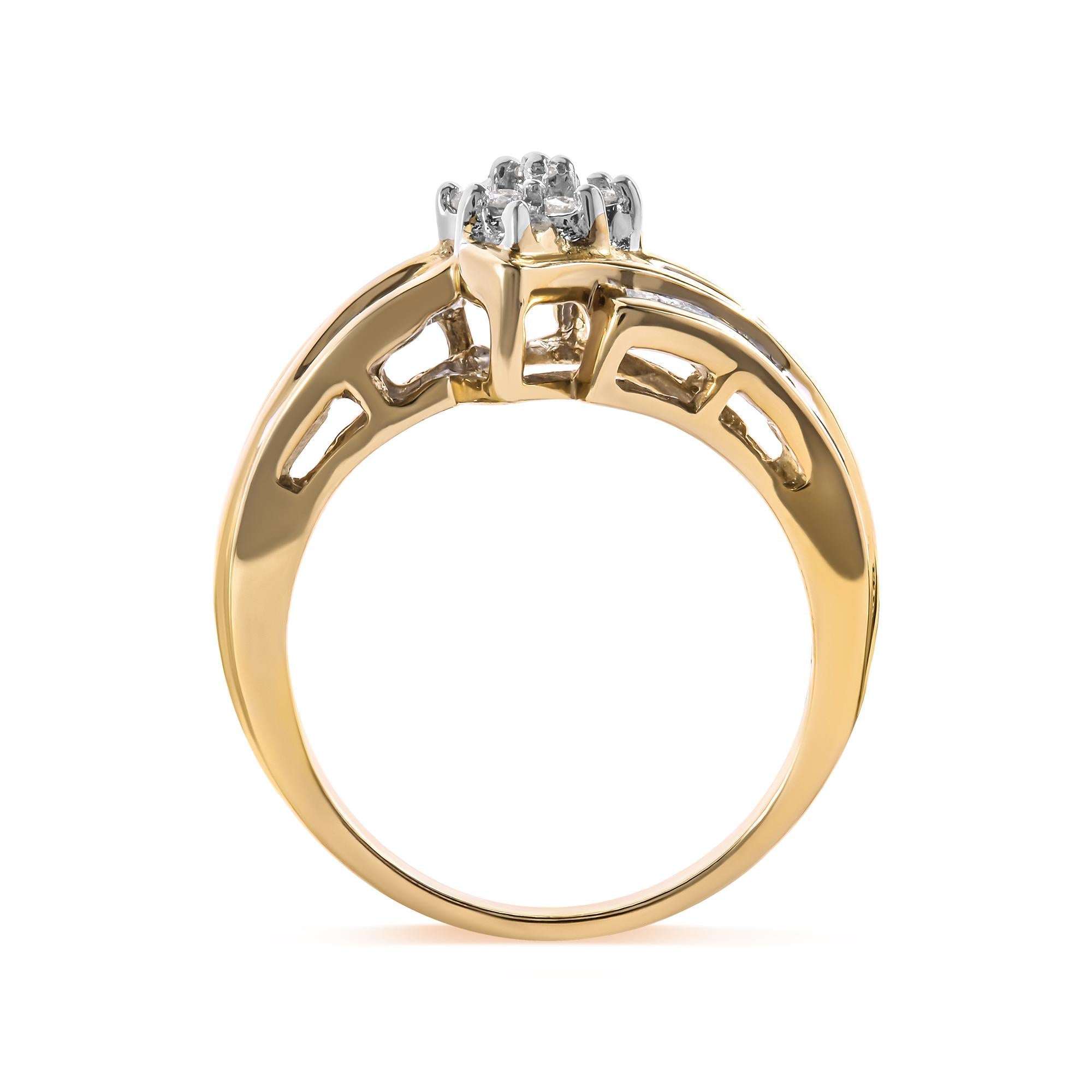 10K Yellow Gold 1/2 Cttw Round And Baguette-cut Diamond Cluster Head and Channel Set Shank Ring (H-I Color, I1-I2 Clarity) - Friggin Jewelry