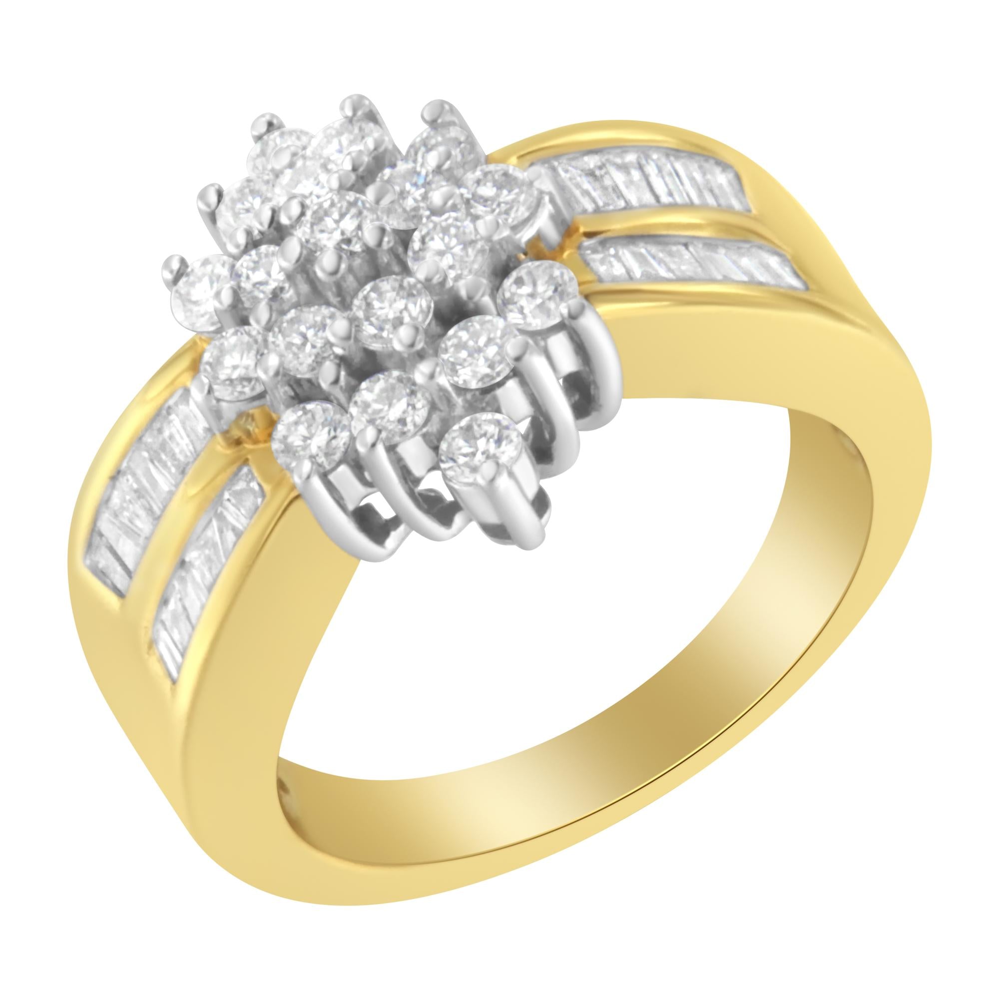 10K Yellow Gold 1.0 Cttw Round & Baguette Cut Diamond Floral Cluster Double-Channel Flared Band Statement Ring (H-I Color, SI2-I1 Clarity) - Friggin Jewelry