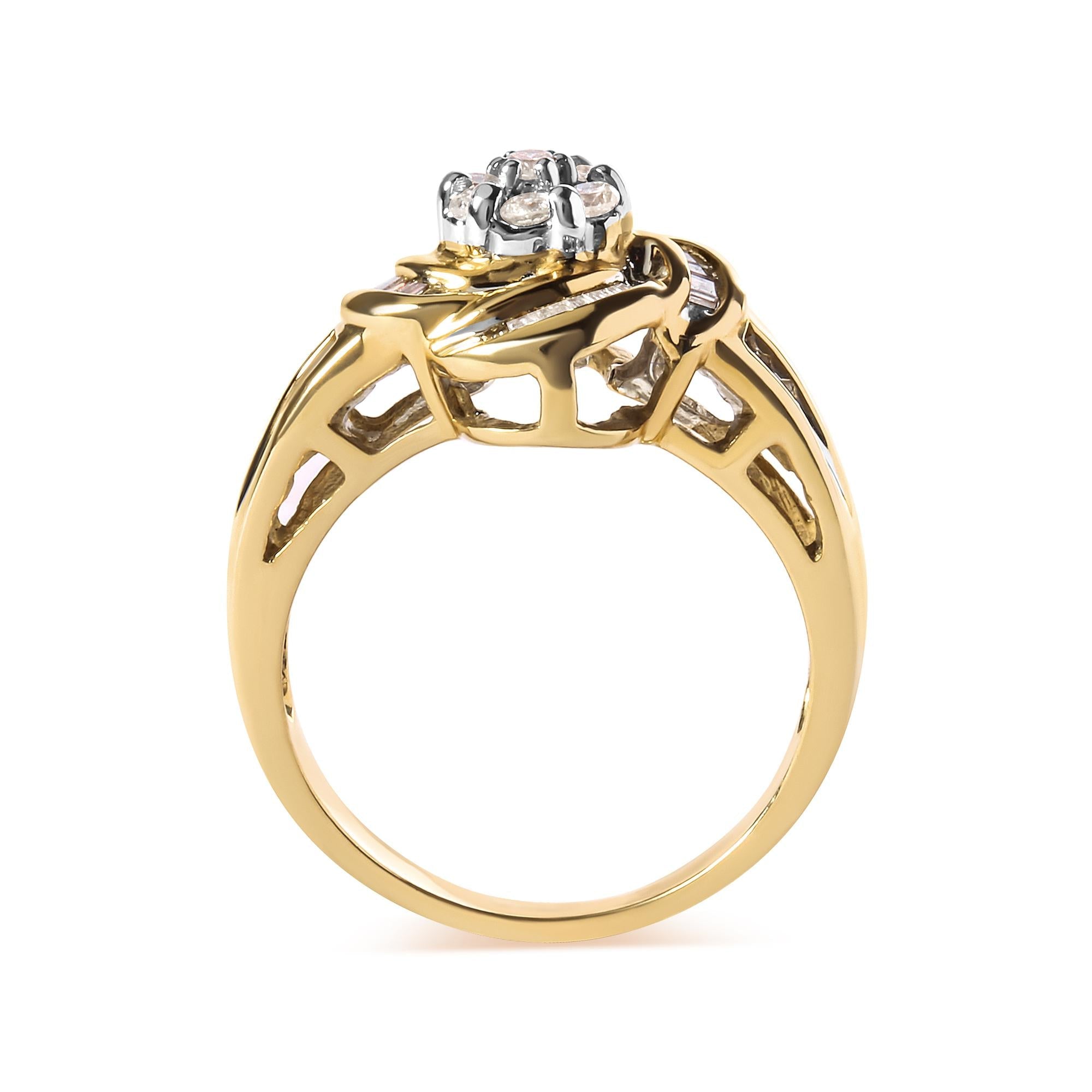 10K Yellow Gold 1/2 Cttw Round and Baguette Diamond Flower Swirl Cocktail Ring (I-J Color, SI2-I1 Clarity) - Friggin Jewelry