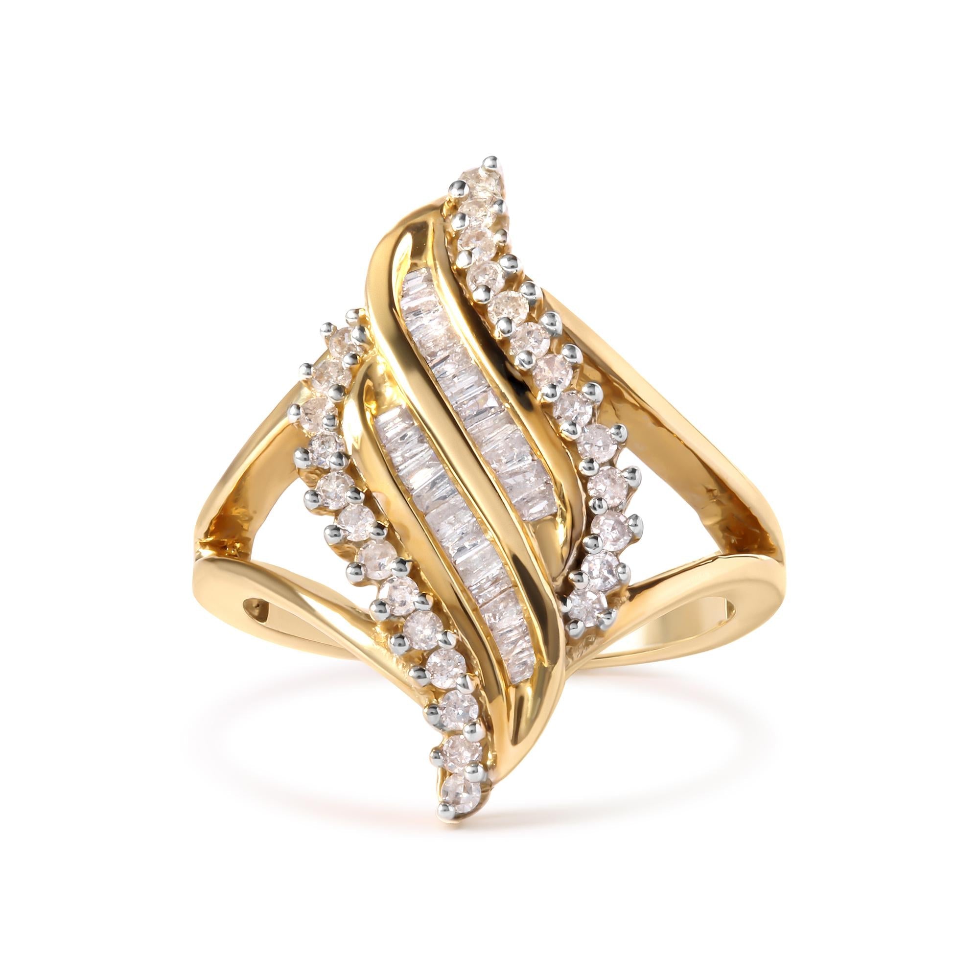 10K Yellow Gold 1/2 Cttw Round and Baguette Cut Diamond Cocktail Ring (H-I Color, I1-I2 Clarity) - Friggin Jewelry