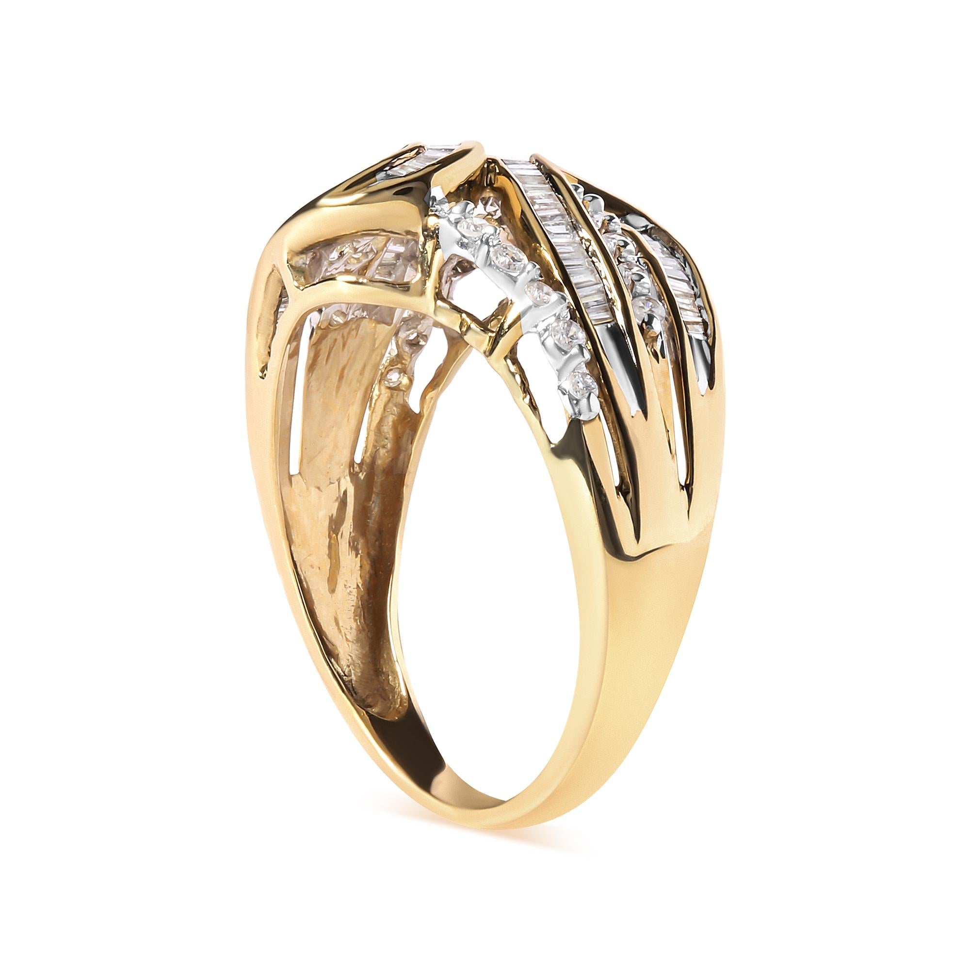 10K Yellow Gold 1/2 Cttw Round and Baguette cut Diamond Open Space Bypass Ring (H-I Color, SI2-I1 Clarity) - Friggin Jewelry