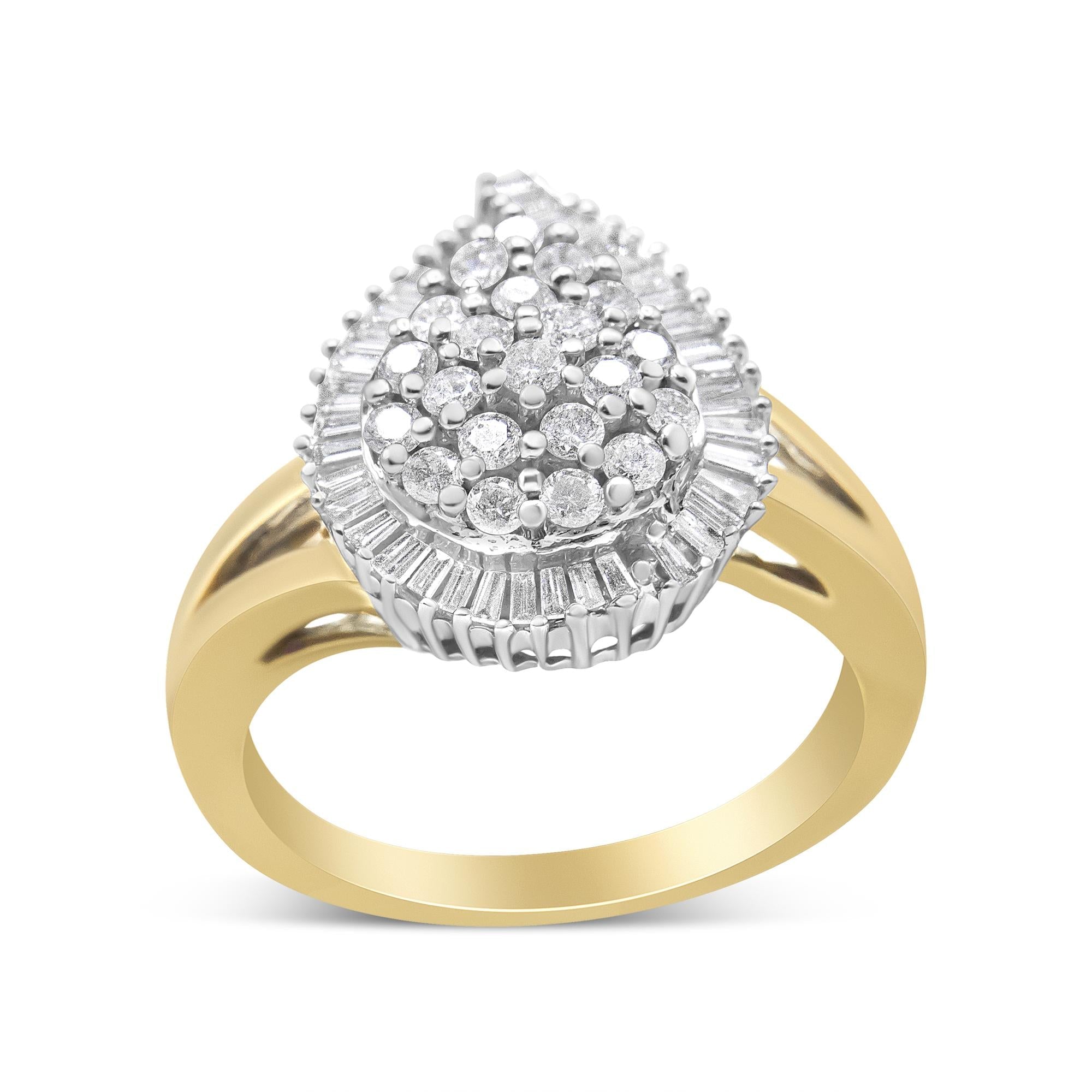 14K Yellow and White Gold 1.00 Cttw Round and Baguette-Cut Diamond Ballerina Cocktail Ring (H-I Color, SI2-I1 Clarity) - Friggin Jewelry