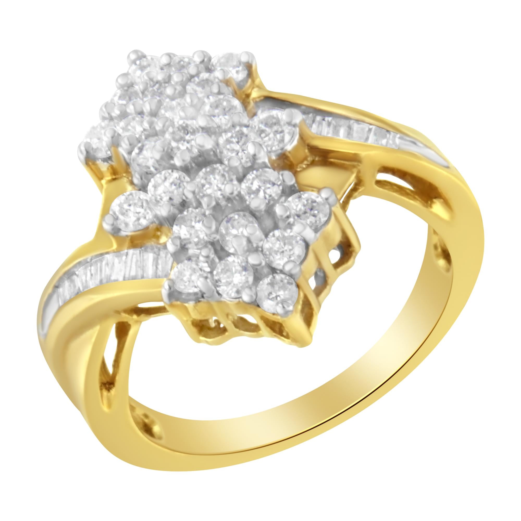 Anello con diamanti taglio baguette e rotondo in oro giallo 10 carati (1 1/10 ct, colore HI, purezza SI2-I1) - Friggin Jewelry