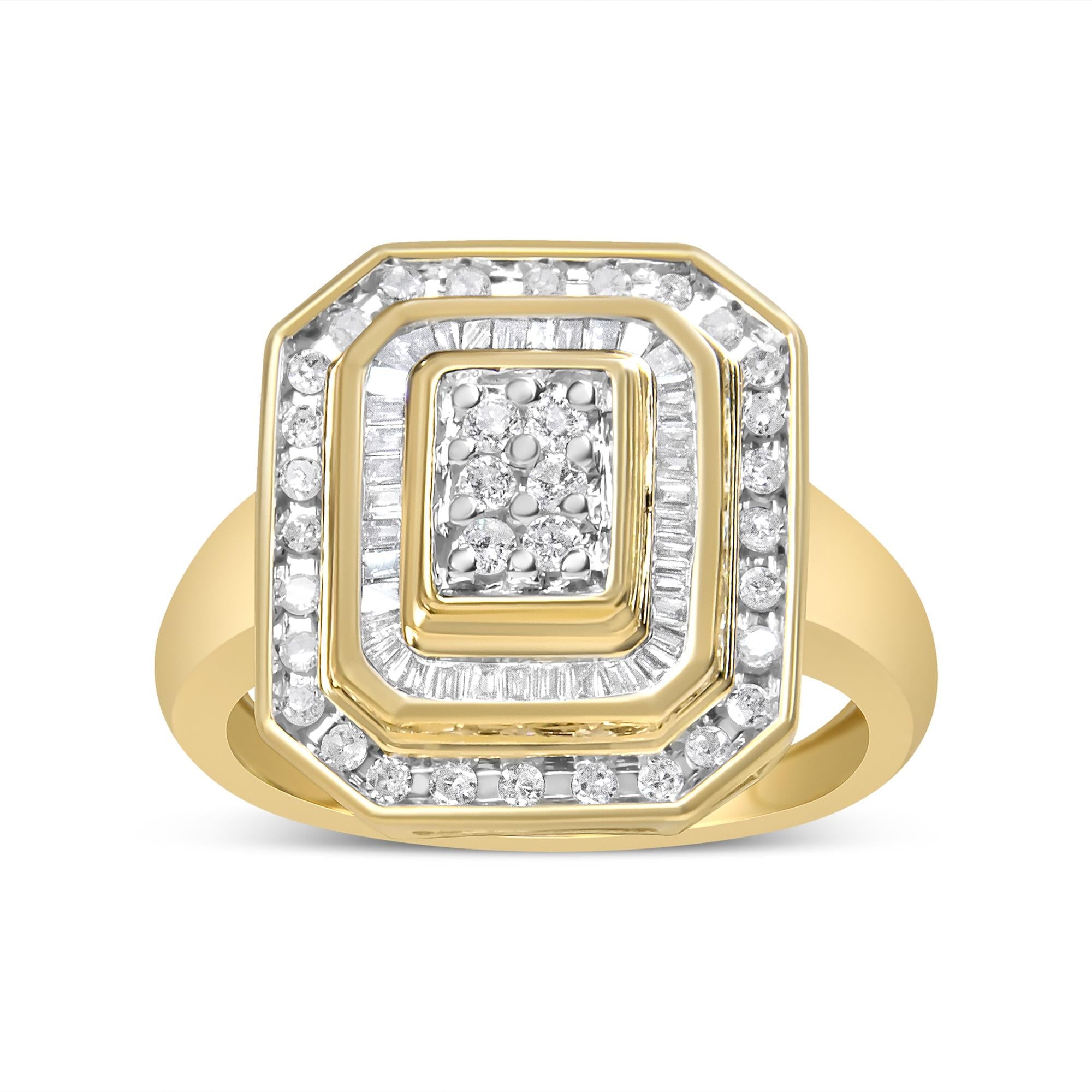10K Yellow Gold 1.0 Cttw Diamond Vintage Inspired Baguette-Cut Double Halo Emerald-Shaped Frame Cocktail Ring (I-J Color, I1-I2 Clarity) - Friggin Jewelry