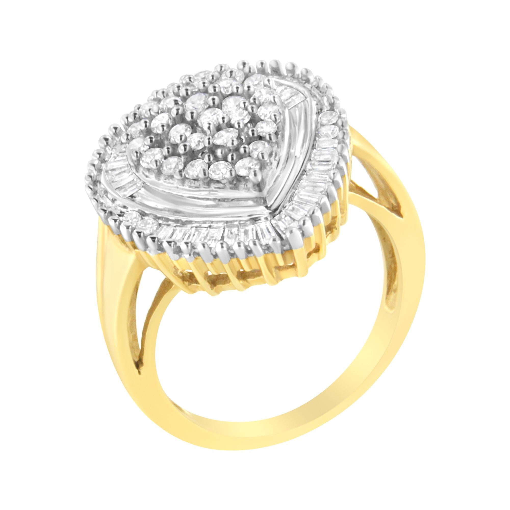 10K Yellow Gold 1.0 Cttw Round and Baguette Cut Diamond Oval Shaped Cluster Ring (I-J Color, I1-I2 Clarity) - Friggin Jewelry