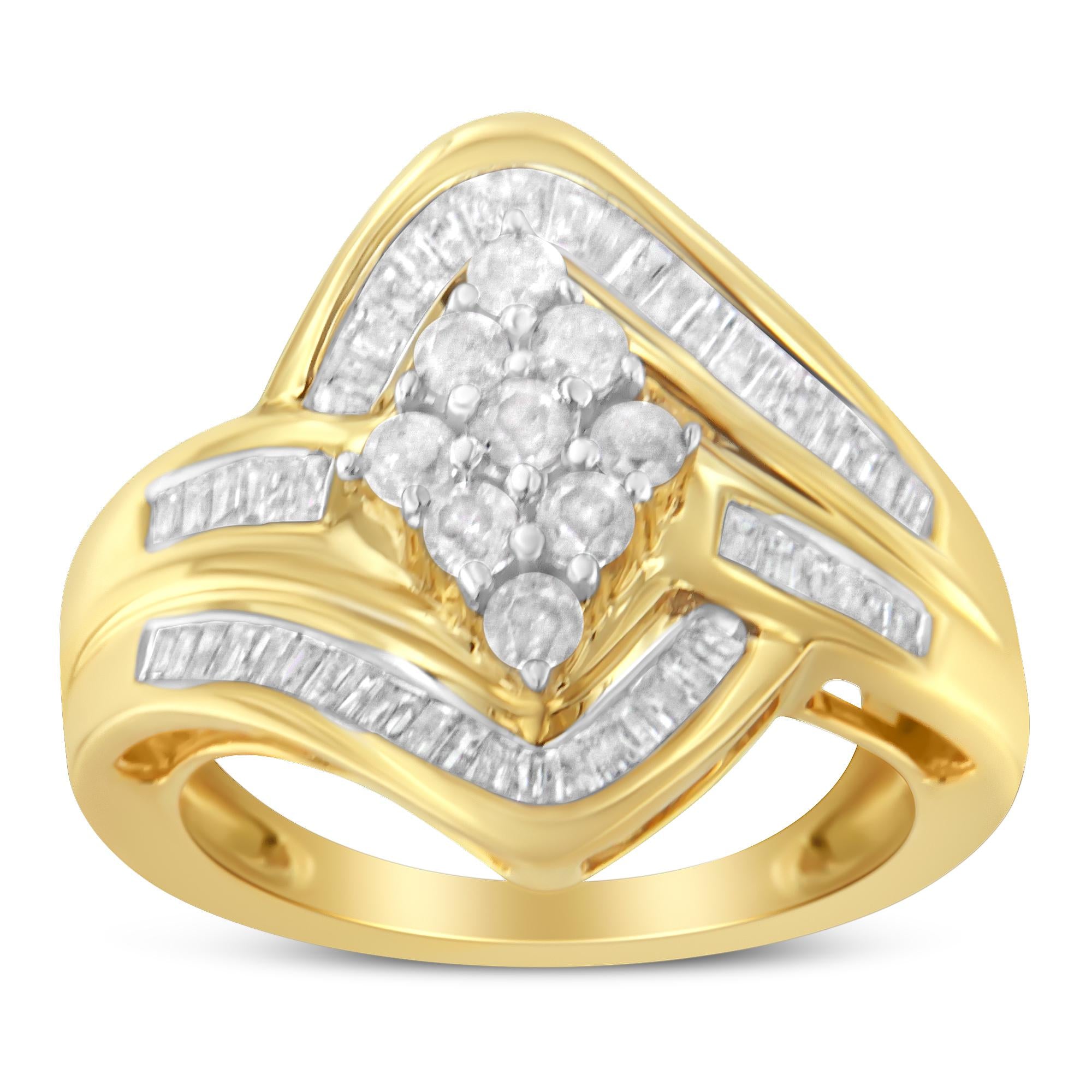10K Yellow Gold over .925 Sterling Silver Diamond Bypass Cluster Ring (1 Cttw, I-J Color, I2-I3 Clarity) - Friggin Jewelry