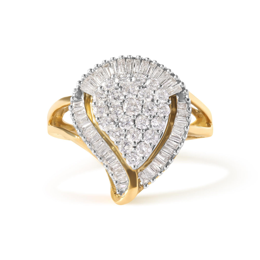 10K Yellow Gold 1 Cttw Round and Baguette Cut Diamond Ballerina Cluster Ring (H-I Color, SI2-I1 Clarity) - Friggin Jewelry