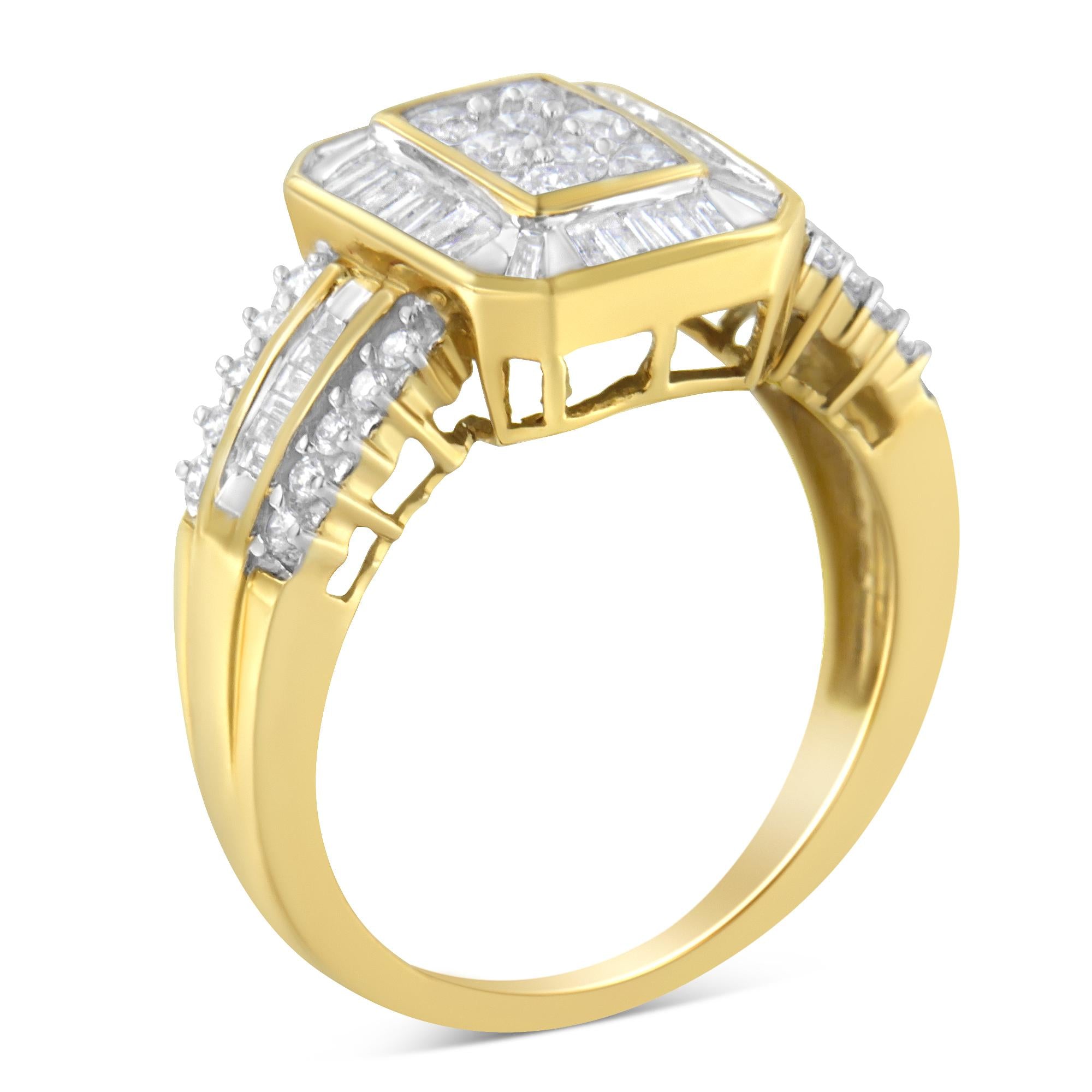 Anello da cocktail in oro giallo 10 carati con diamanti taglio baguette e taglio rotondo (1,0 ct, colore HI, purezza SI2-I1) - Friggin Jewelry