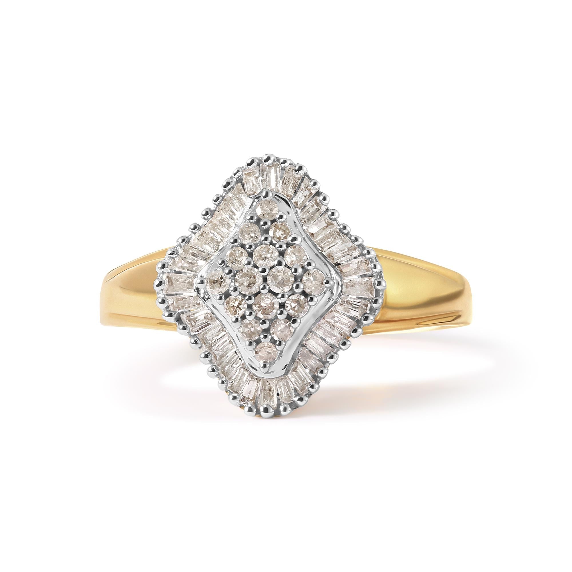 10K Yellow Gold 1/2 Cttw Round And Baguette-cut Diamond Rhombus Head and Halo Ring (I-J Color, I1-I2 Clarity) - Friggin Jewelry