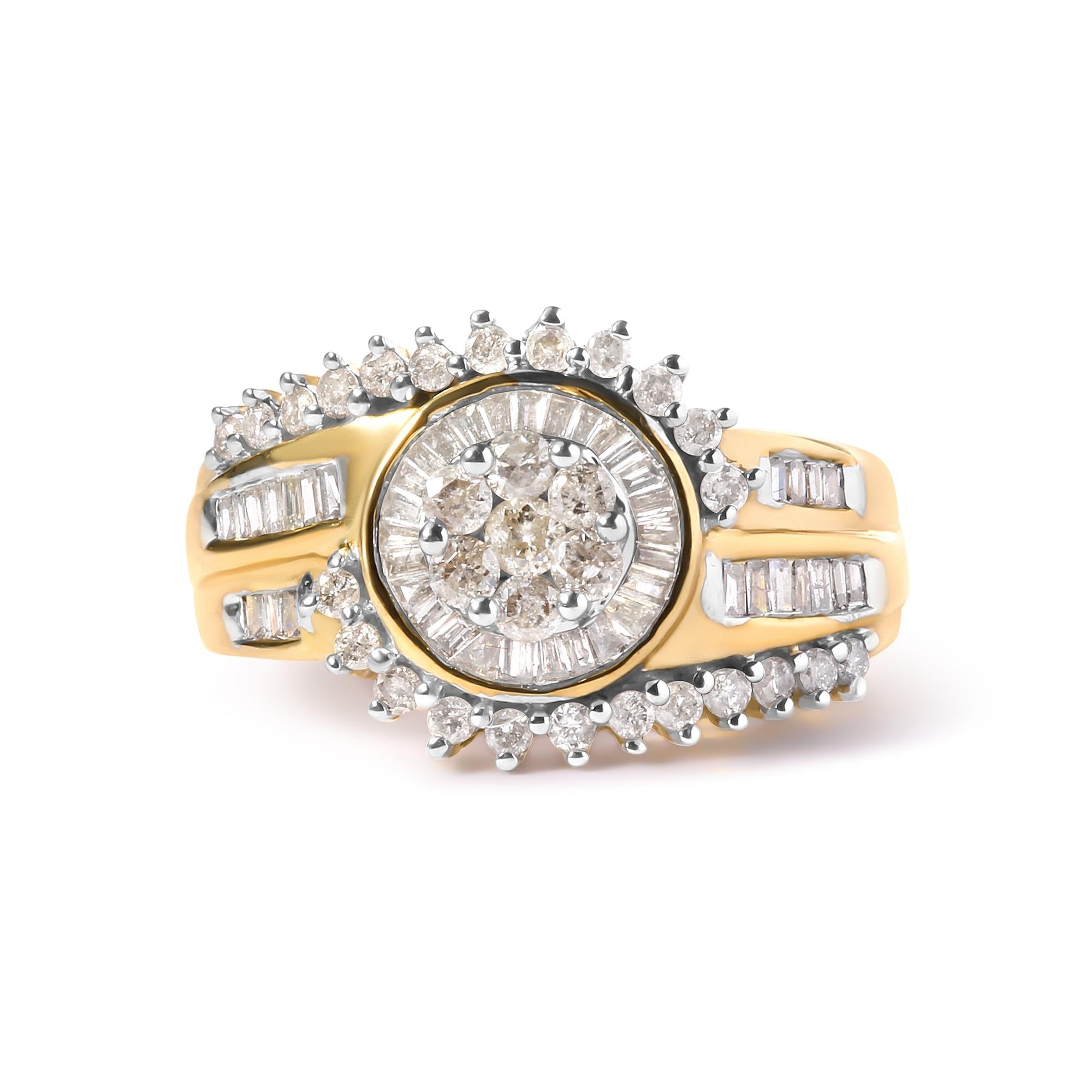 10K Yellow-Gold 1 Cttw Round and Baguette Cut Diamond Cluster Swirl Band Ring (H-I Color i1-i2 Clarity) - Ring Size 7 - Friggin Jewelry