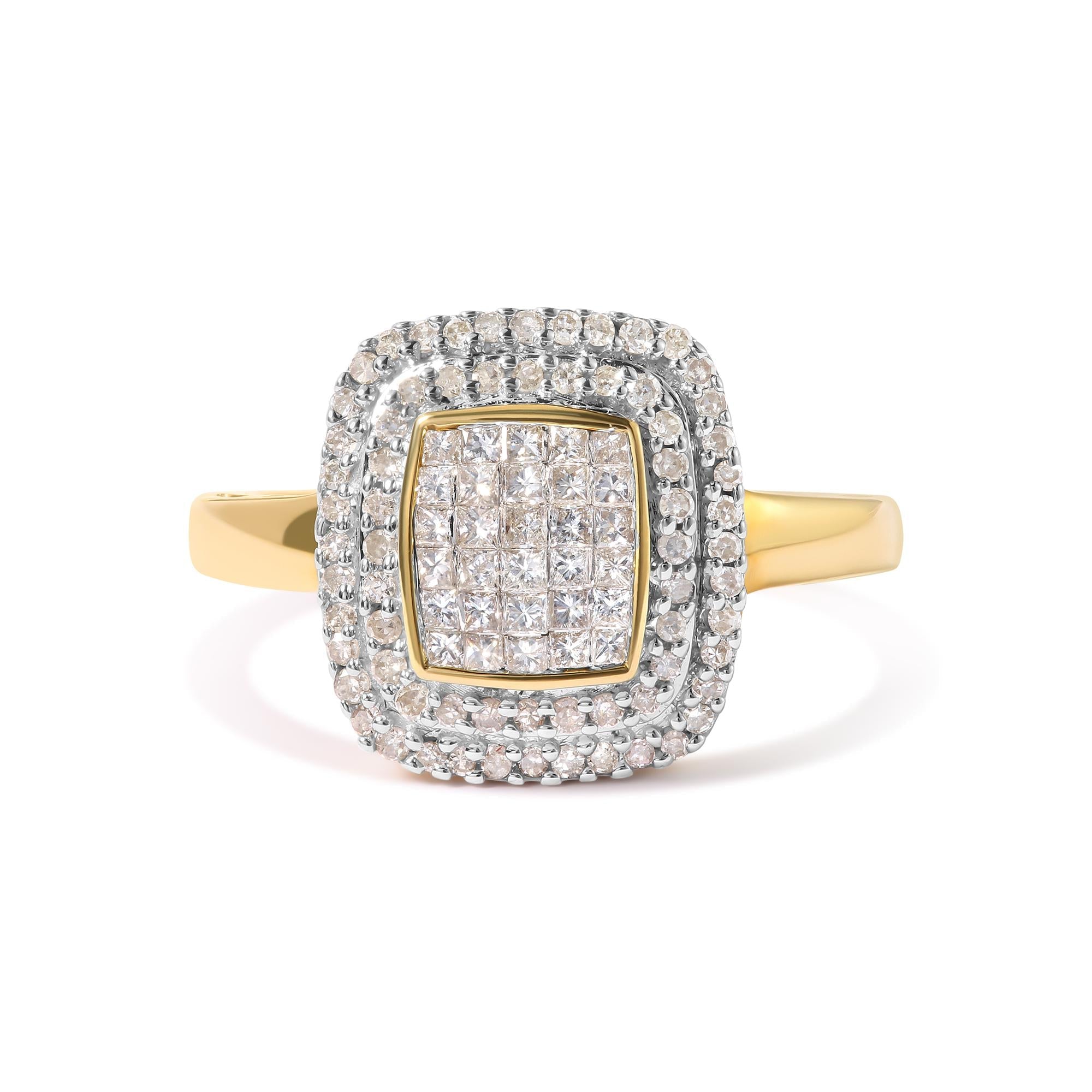 10K Yellow Gold 1/2 cttw Round and Princess Diamond Composite Head and Halo Ring (H-I Color, SI1-SI2 Clarity) - Friggin Jewelry