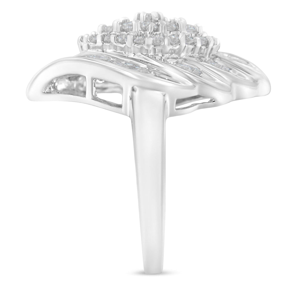 .925 Sterling Silver ¾ Cttw Round and Baguette Cut Diamond Stair-Stepped Cluster Waterfall Cocktail Ring (I-J Color, I2-I3 Clarity) - Friggin Jewelry
