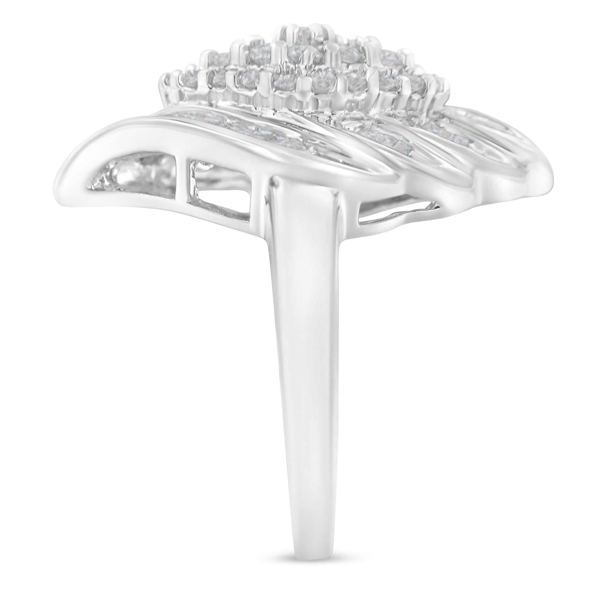 .925 Sterling Silver ¾ Cttw Round and Baguette Cut Diamond Stair-Stepped Cluster Waterfall Cocktail Ring (I-J Color, I2-I3 Clarity) - Friggin Jewelry