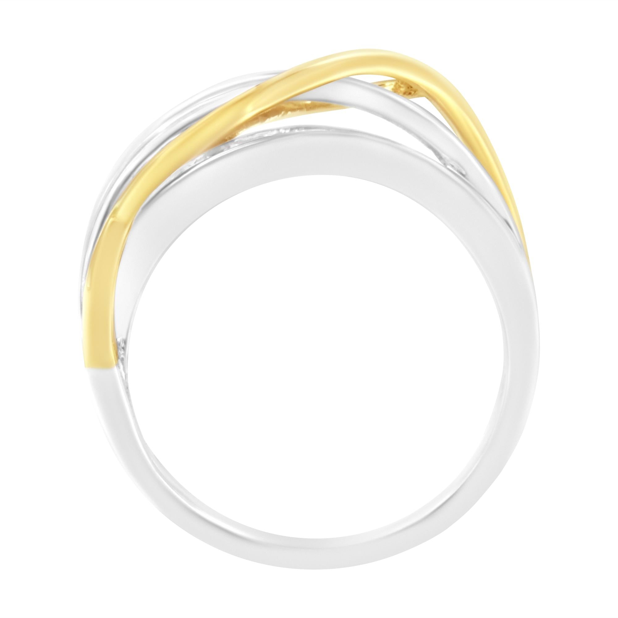 Anello a fascia bypass in oro bianco e giallo 10 carati con diamanti incastonati a canale da 1 1/10 ct (colore J, purezza I3) - Friggin Jewelry