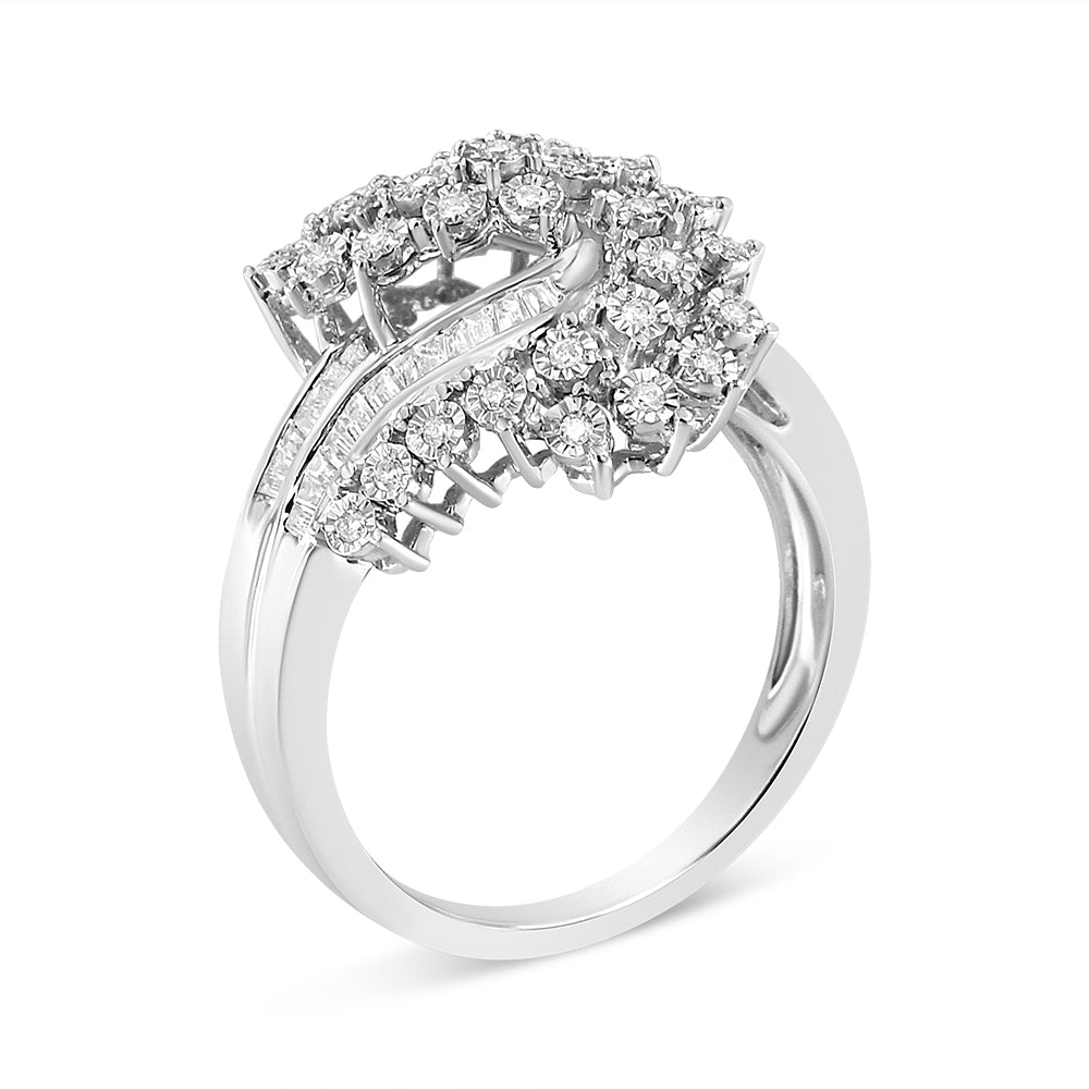10K White Gold 1/2 Cttw Round and Baguette-Cut "S" Shaped Bypass Cocktail Ring (I-J Color, I1-I2 Clarity) - Friggin Jewelry